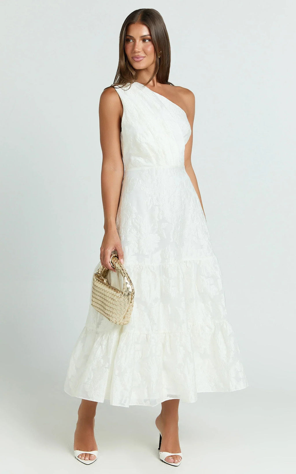 Nadette Midi Dress - One Shoulder Pleated Tiered Dress in White