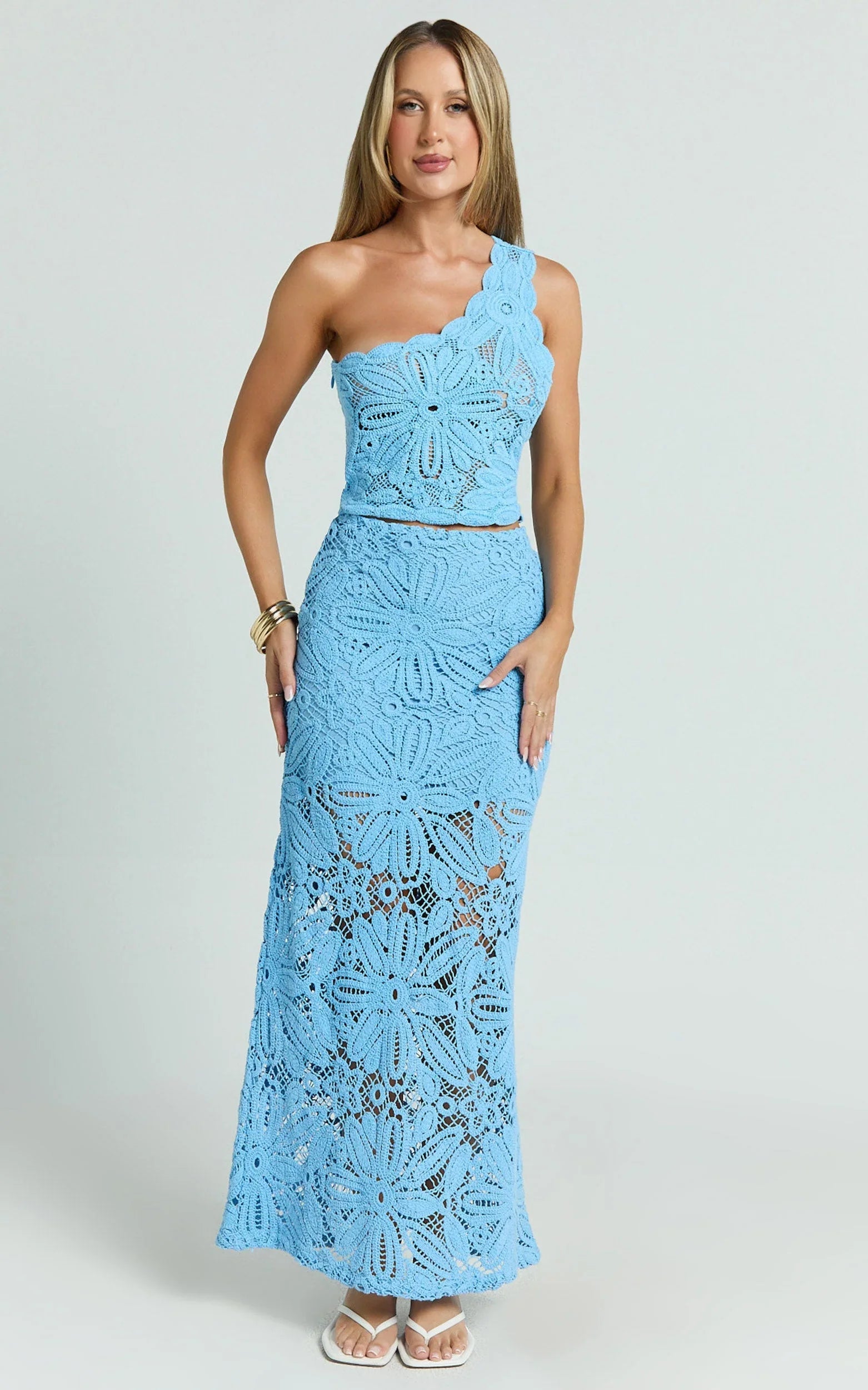 Charlene Maxi Skirt - Crochet Fit And Flare Skirt in Blue