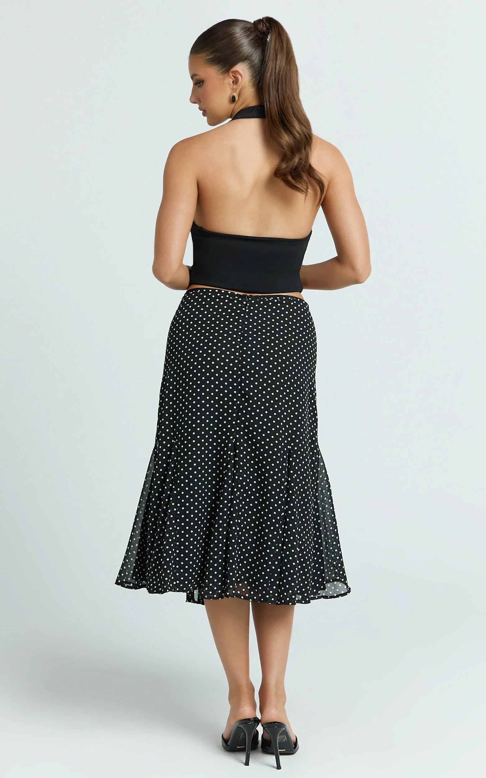Charlie Midi Skirt - Polka Dot Low Waist Godet Skirt in Black