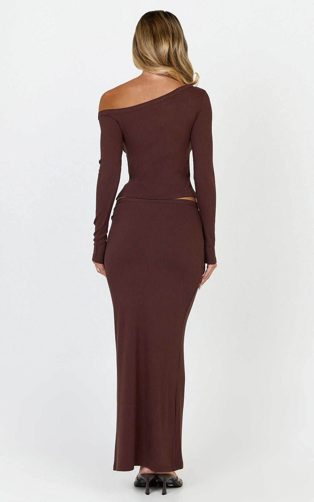 Lulu Two Piece Top and Skirt Set - Asymmetrical Button Detail Top And Maxi Skirt Set in Chocolate