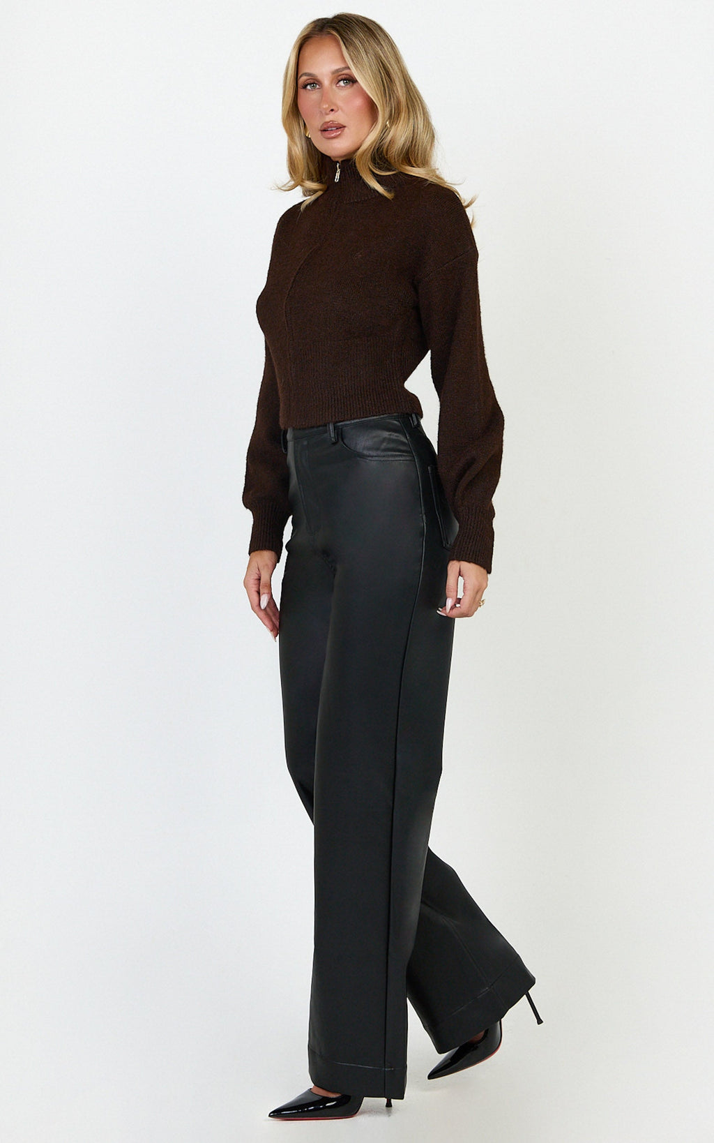 Gaia Jumper - High Neck Full Zip Cropped Jumper in Chocolate