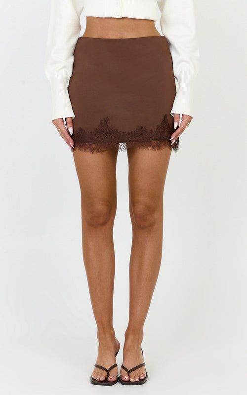 Ava Mini Skirt - Lace Trim Skirt in Chocolate