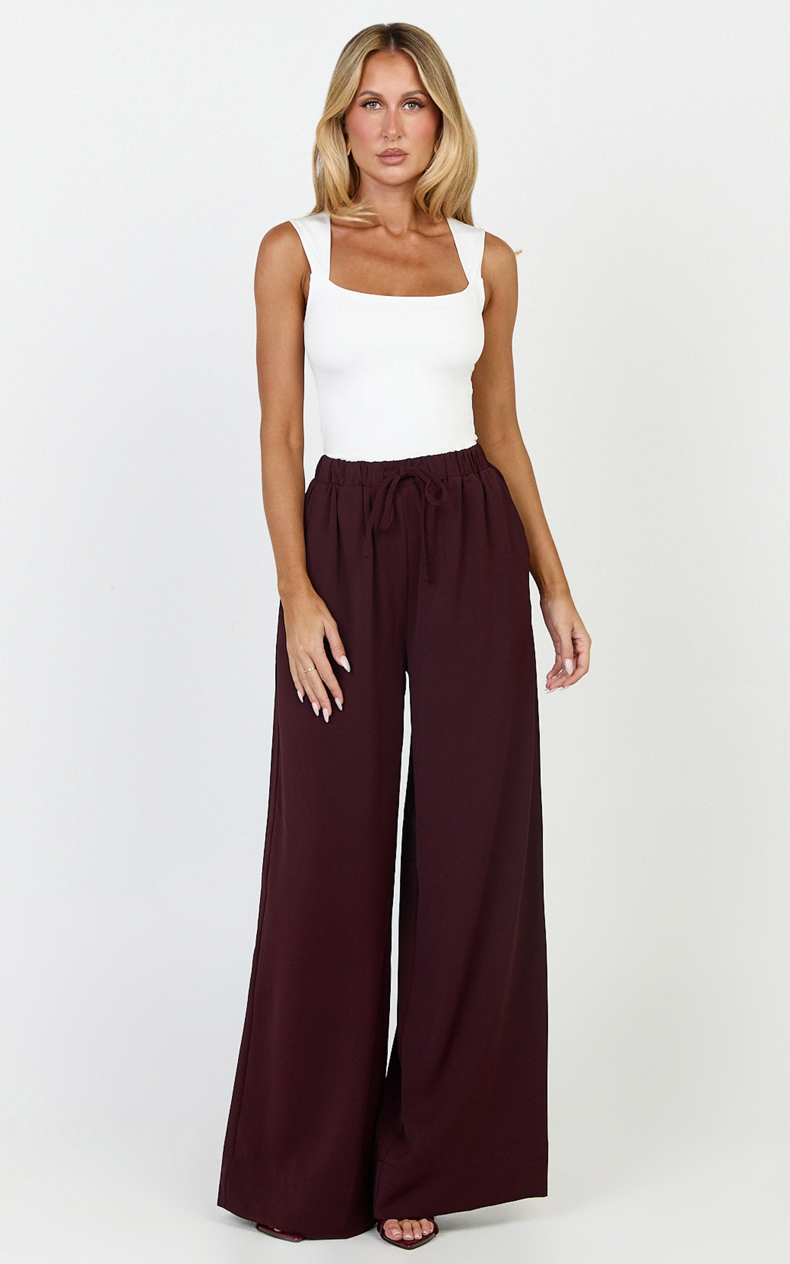 Nicole Pants - High Waist Elasticated Gathered Waist Wide Leg Pants in Wine