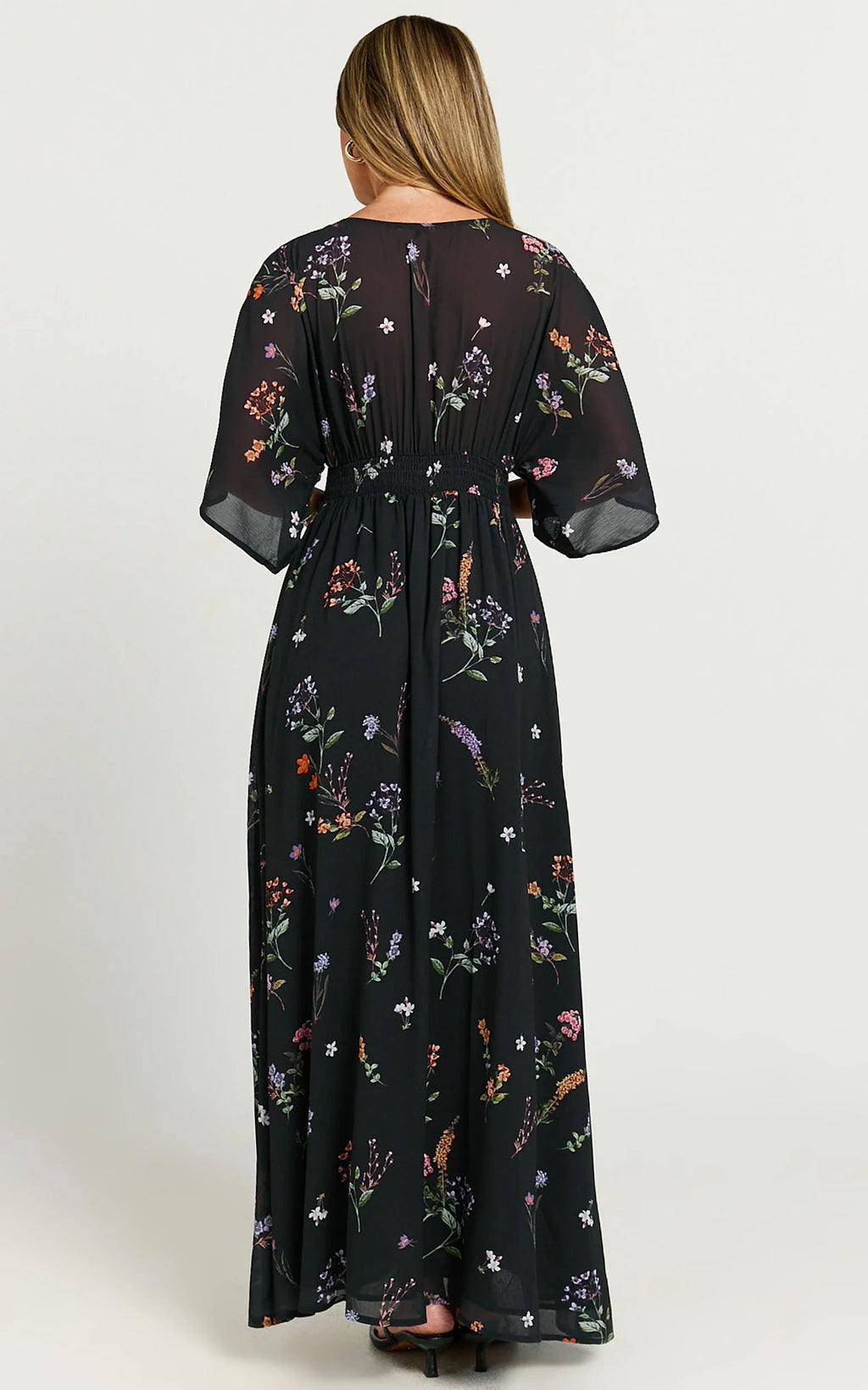 Inka Midi Dress - Short Sleeve Button Down Dress in Black Flower Field