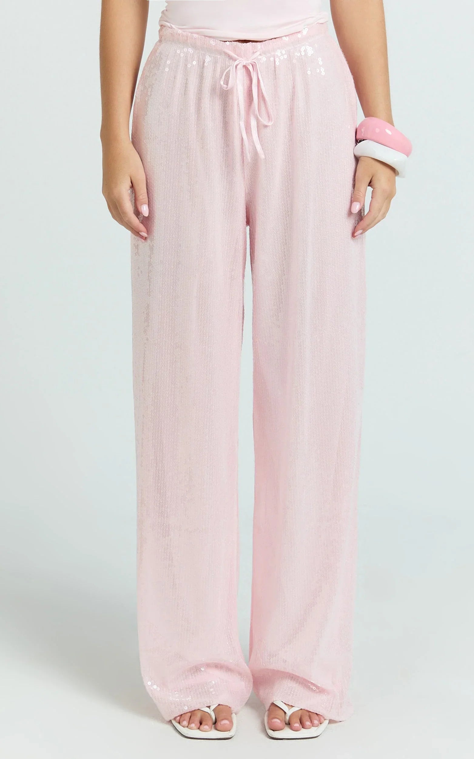 Mia Pants - Relaxed Drawstring Waist Sequin Pants in Baby Pink