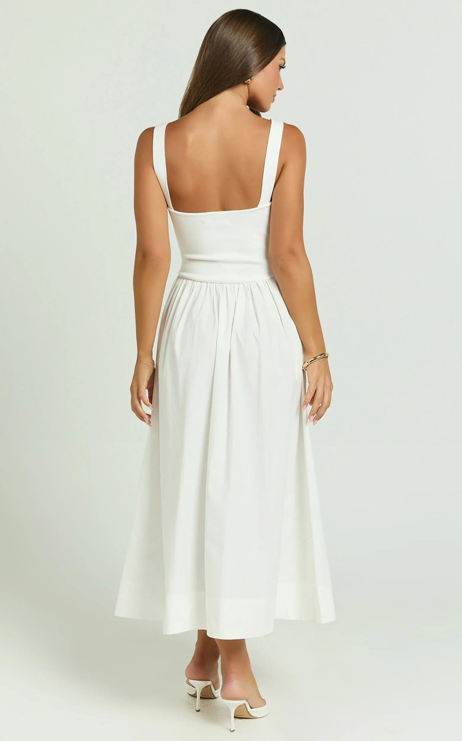 Murphy Midi Dress - Scoop Neck Straight Drop Waist Gathered Skirt Knit And Poplin Dress in White