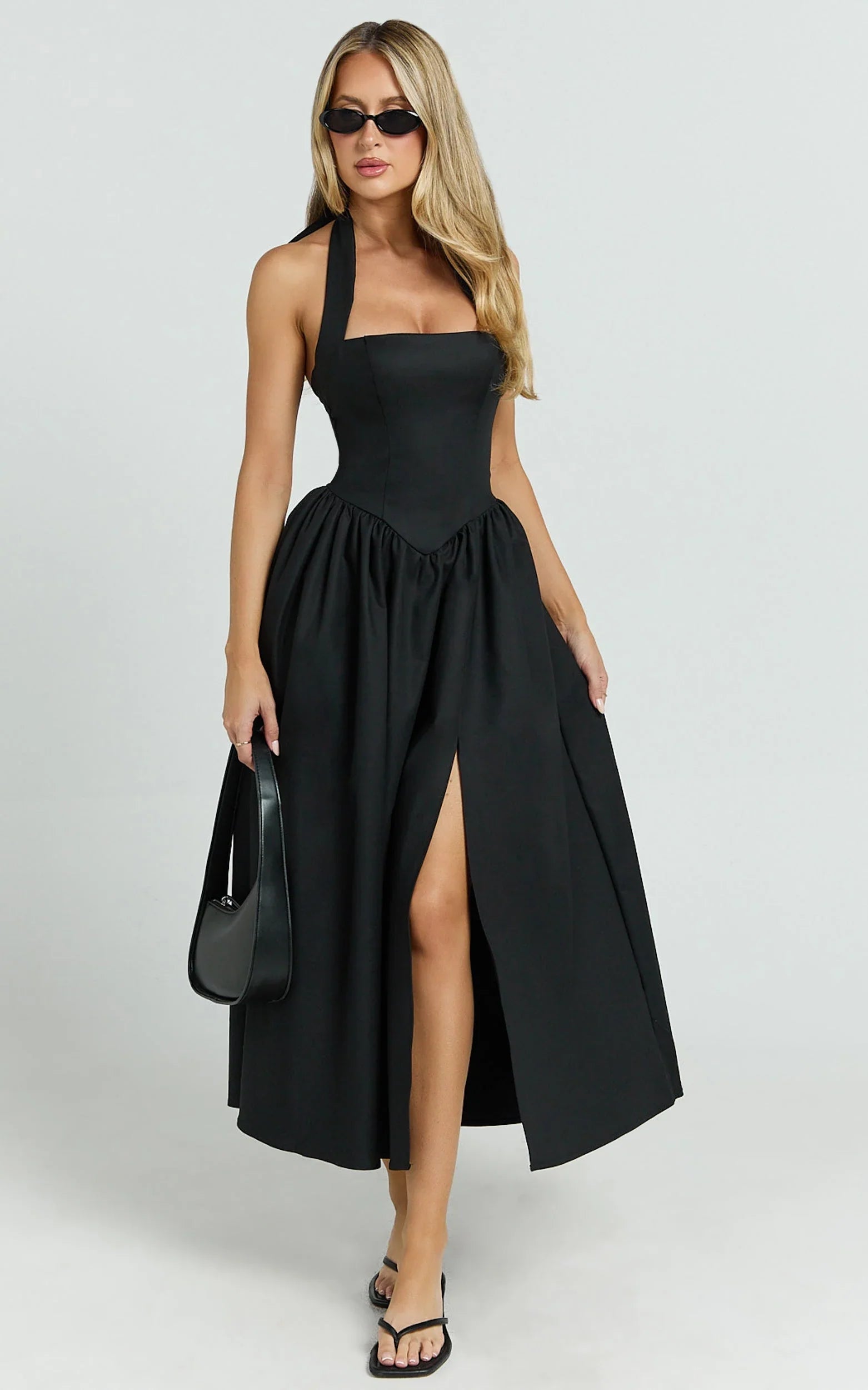 Helda Midi Dress - Halter Tie Neck Corset Panel Dress in Black