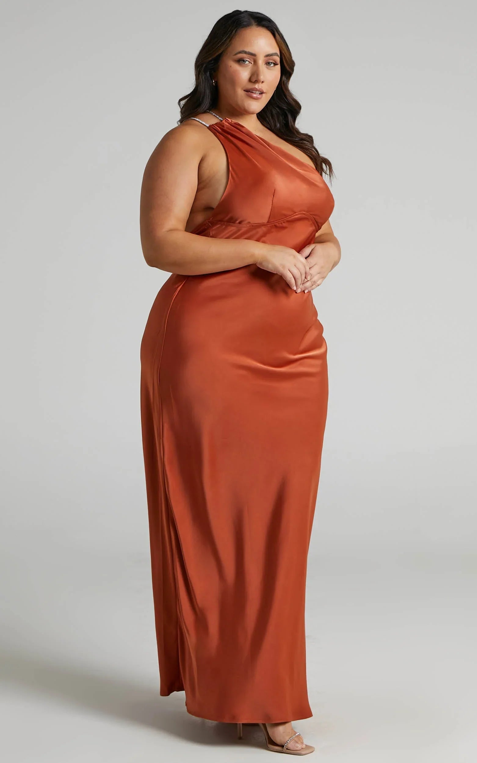 Elzales Midi Dress - One Shoulder Beaded Strap Satin Dress in Rust