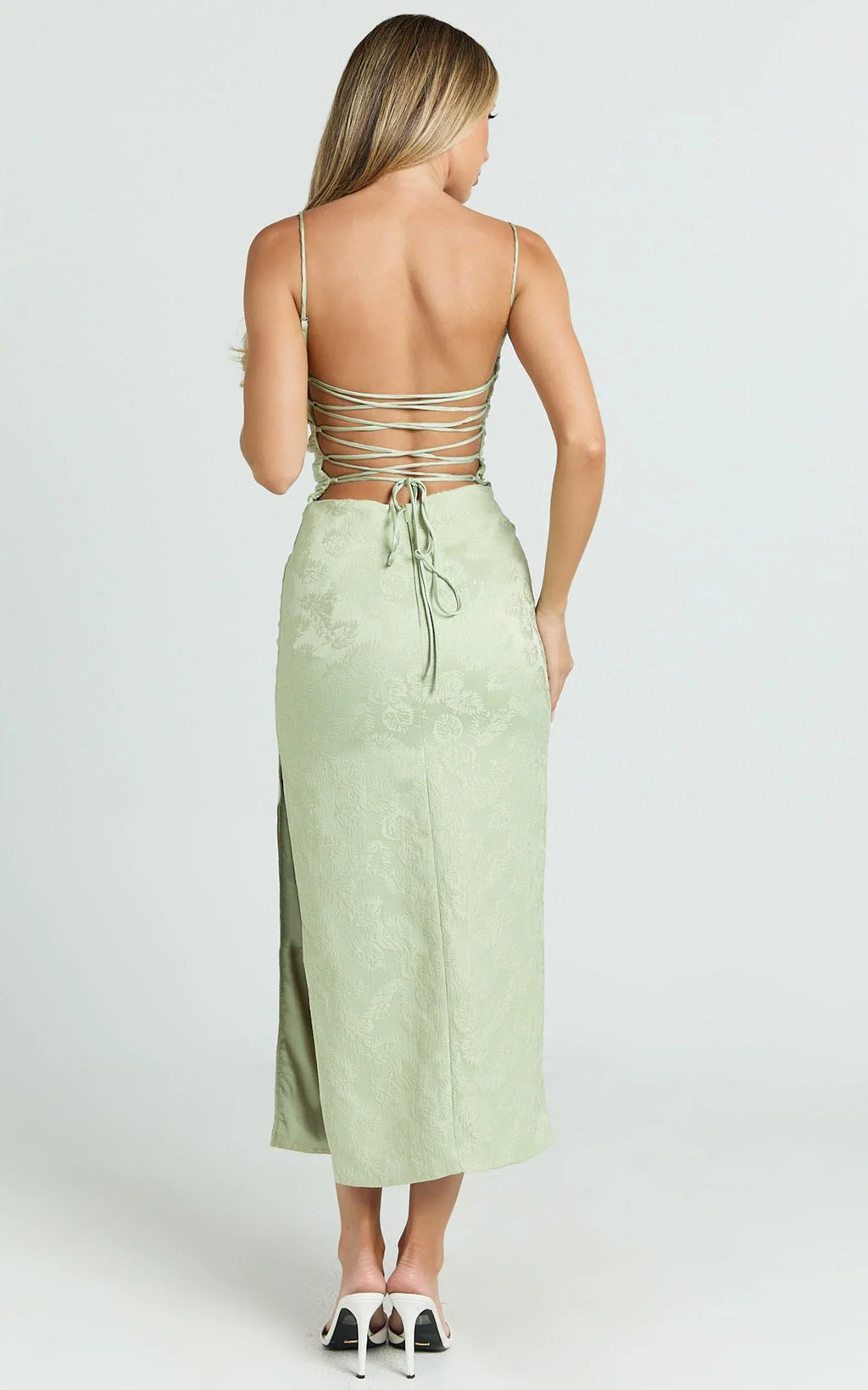 Indiana Midi Dress - Jacquard Square Neck Lace Back Fitted Dress in Green