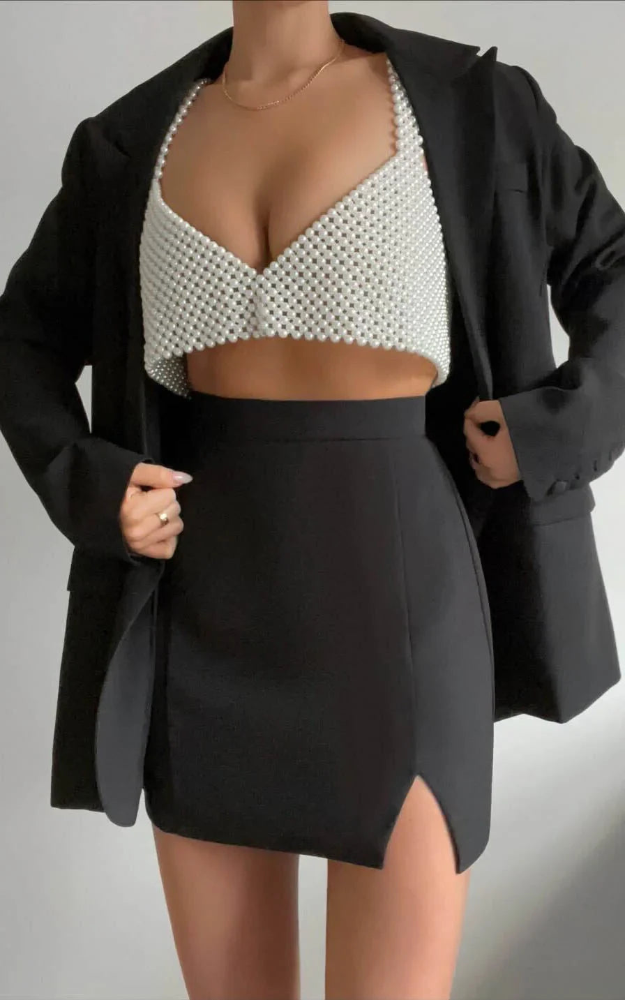 Evelenna Mini Skirt - High Waisted Split Skirt in Black