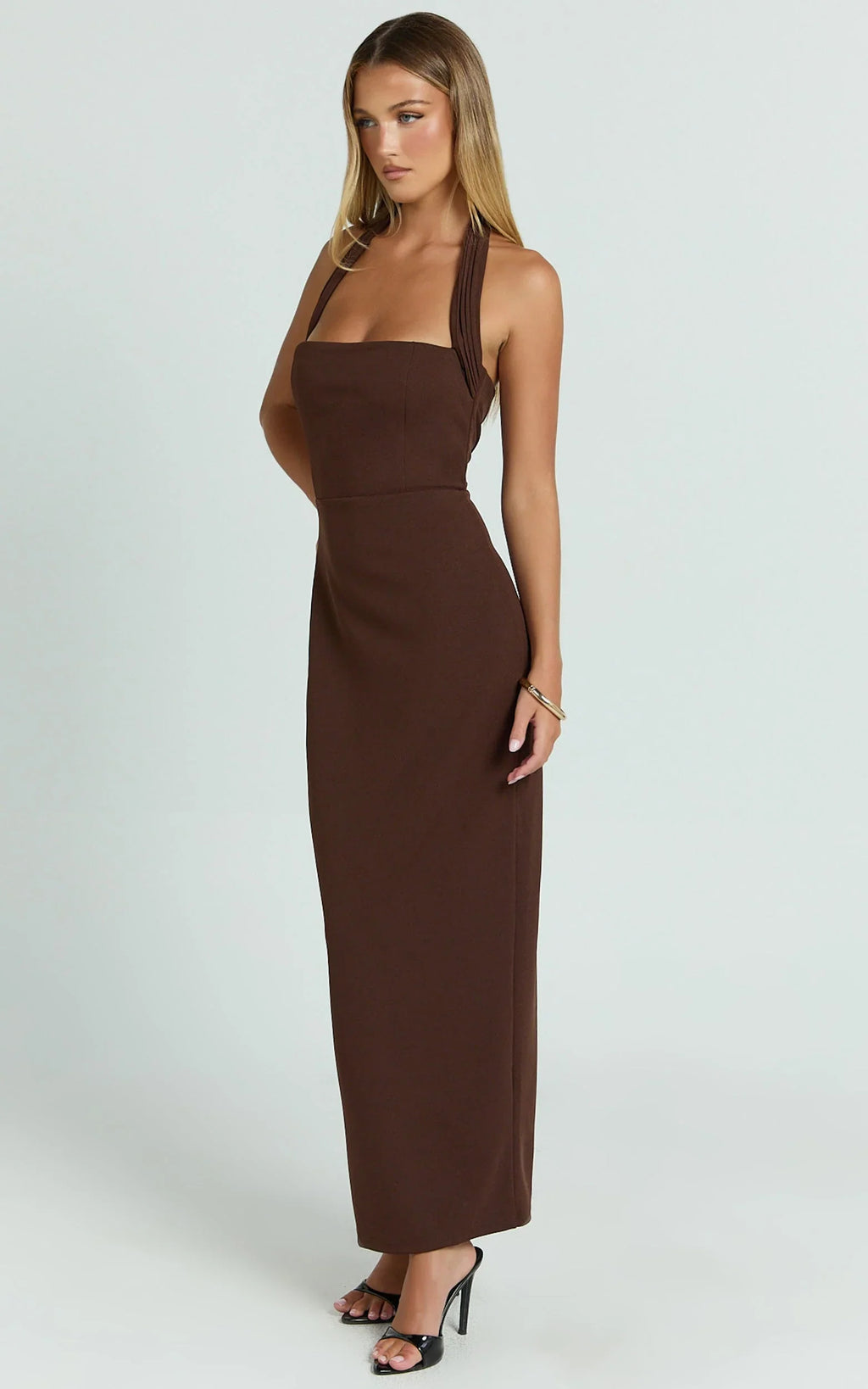 Salome Midi Dress - Halter Neck Column Dress in Chocolate