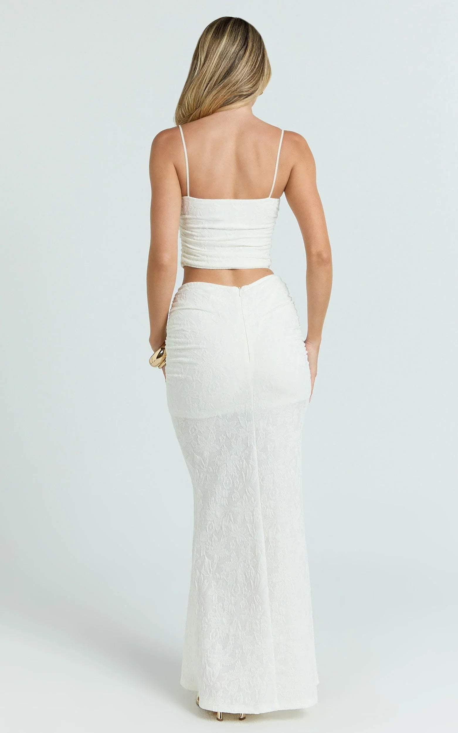 Kayrene Two Piece Top and Skirt Set - Straight Neck Top And Ruched Low Rise Maxi Skirt in Cream