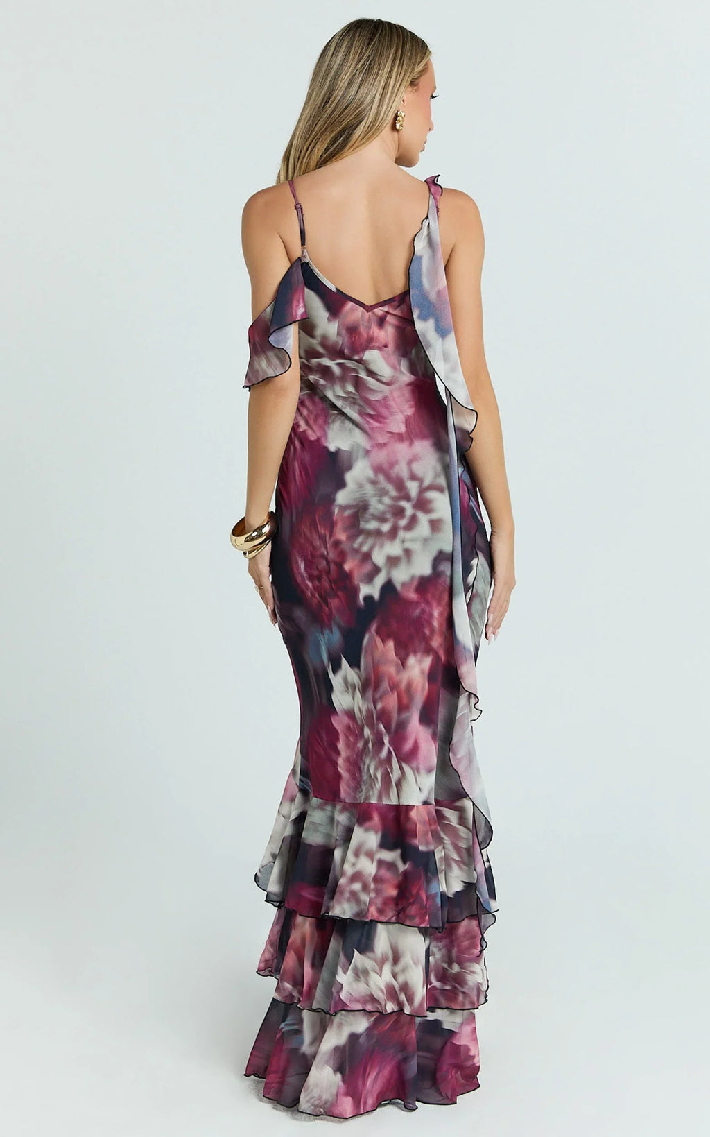 Riley Maxi Dress - Asymmetric Ruffle Detail Maxi Dress in Mariache Rose