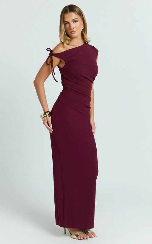 Belle Maxi Dress - Tie Shoulder Detail Dress in Wine
