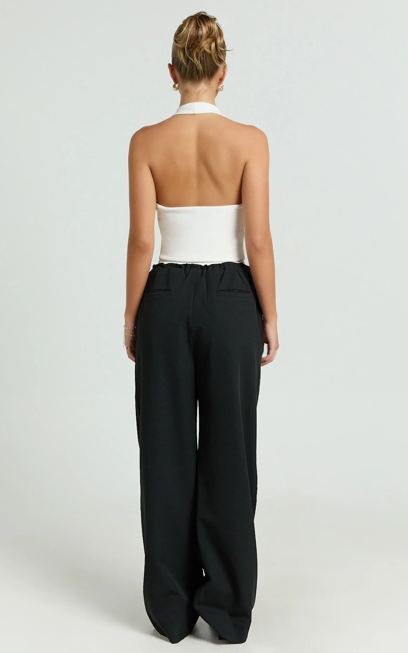 Maliha Pants - Mid Rise Contrast Elasticated Drawstring Wide Leg Tailored Pants in Black
