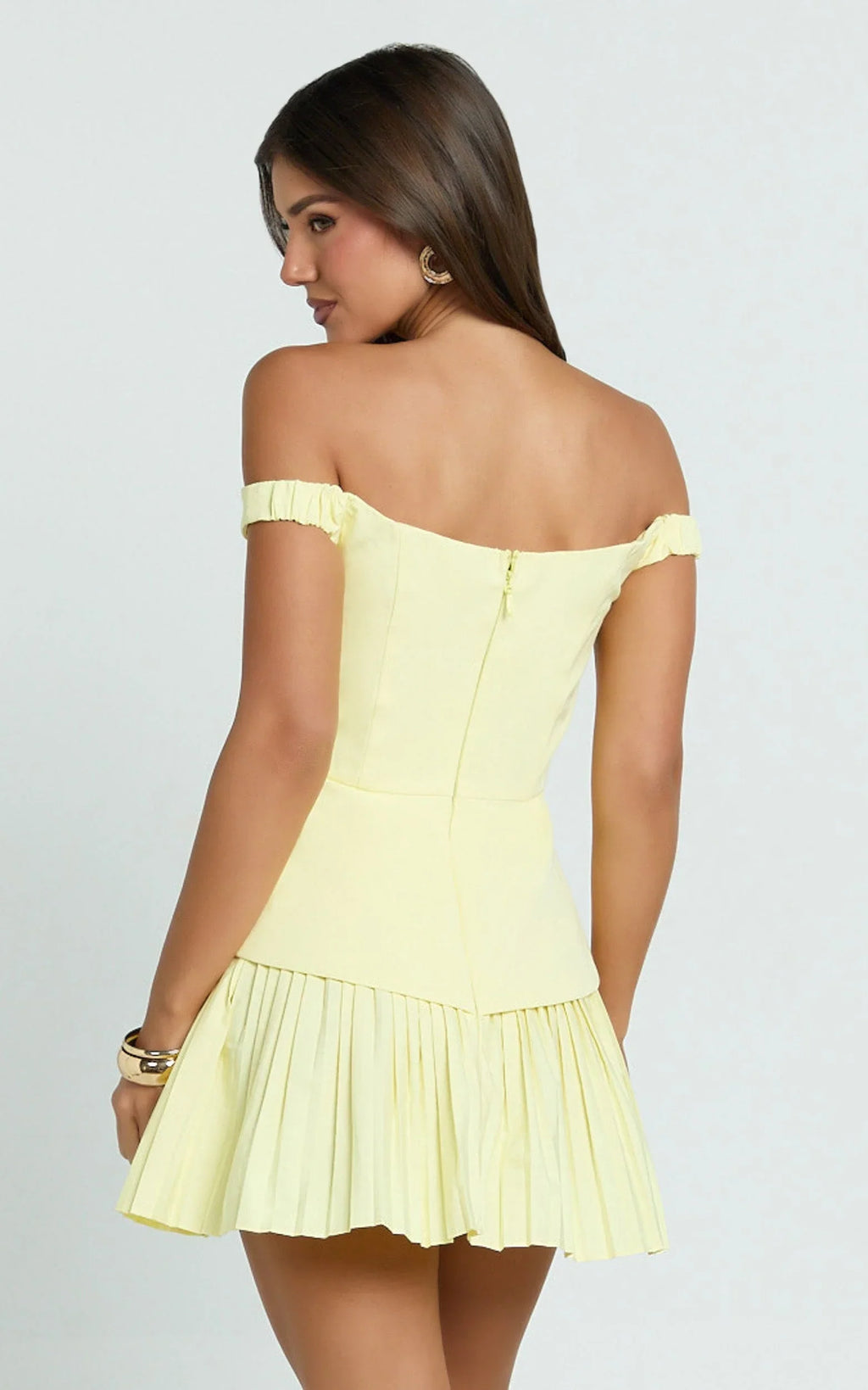 Izara Mini Dress - Off Shoulder Pleated Dress in Lemon