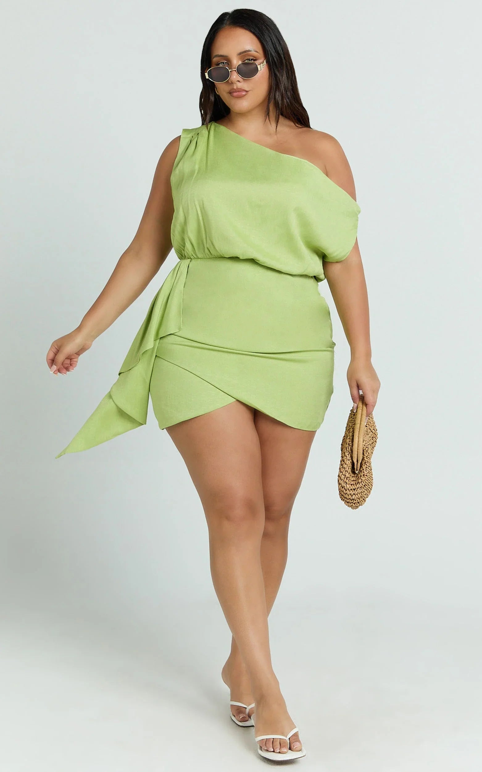 Niana Mini Dress - Drape One Shoulder Dress in Green
