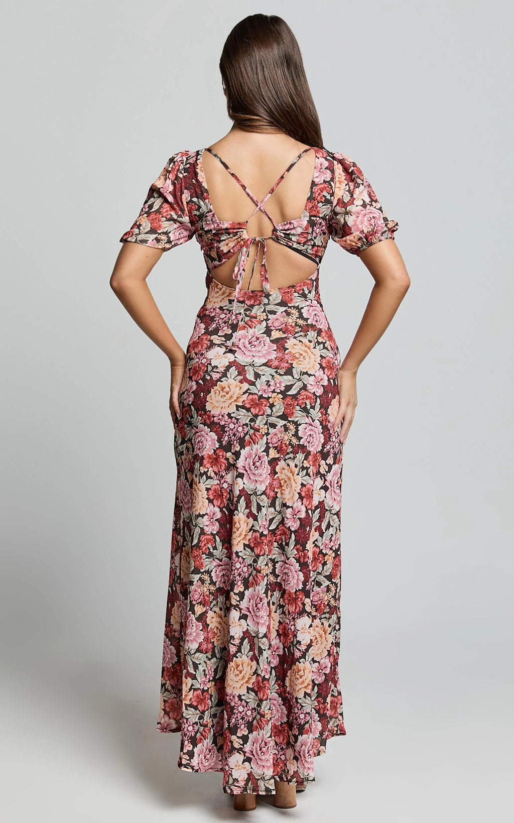 Lorie Maxi Dress - Short Sleeve Cut Out Tie Back Dress in Boheme Floral