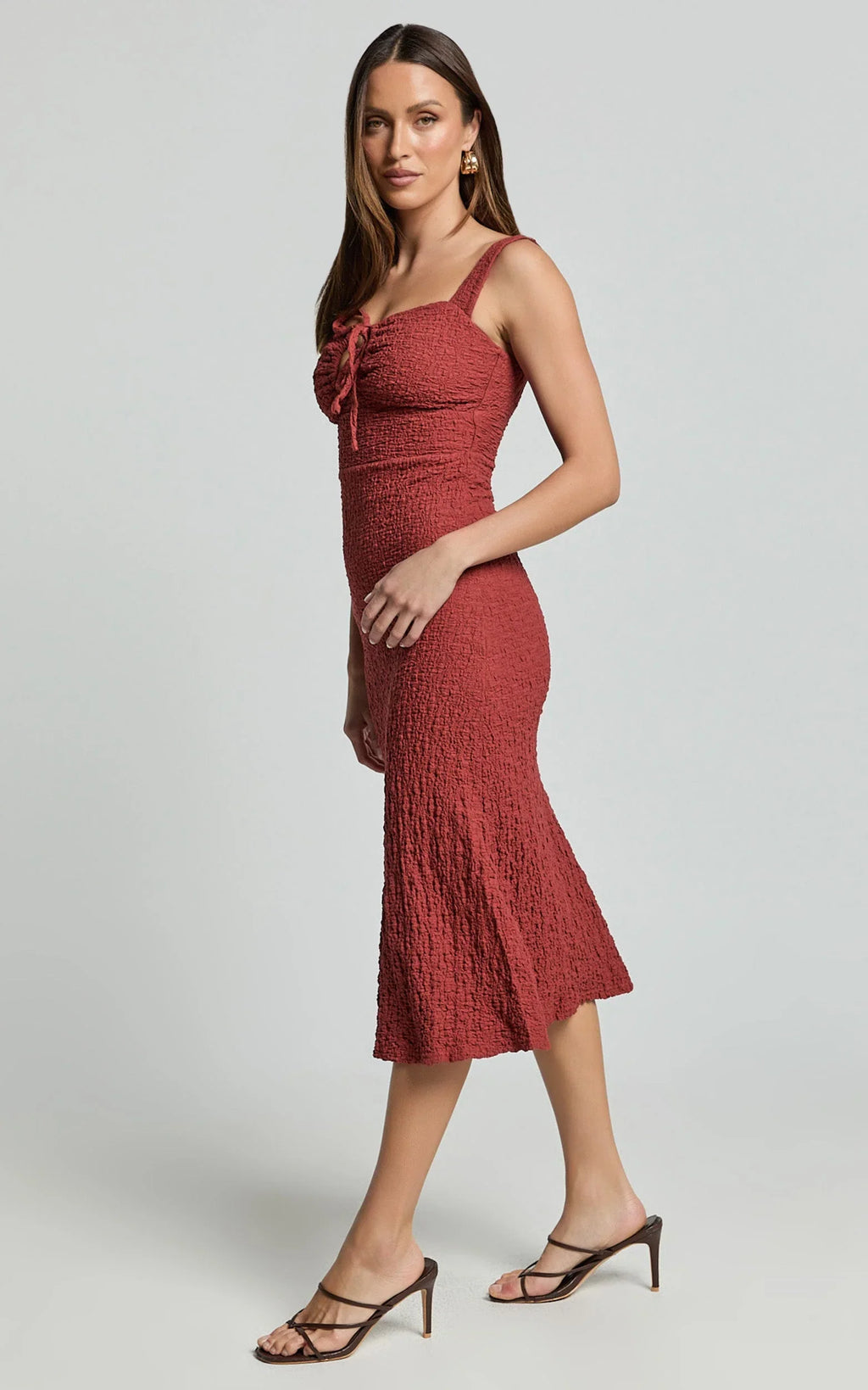 Olsen Midi Dress - Textured Wide Strap Tie Front Dress in Burnt Rust