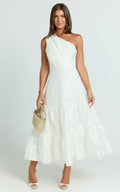 Nadette Midi Dress - One Shoulder Pleated Tiered Dress in White