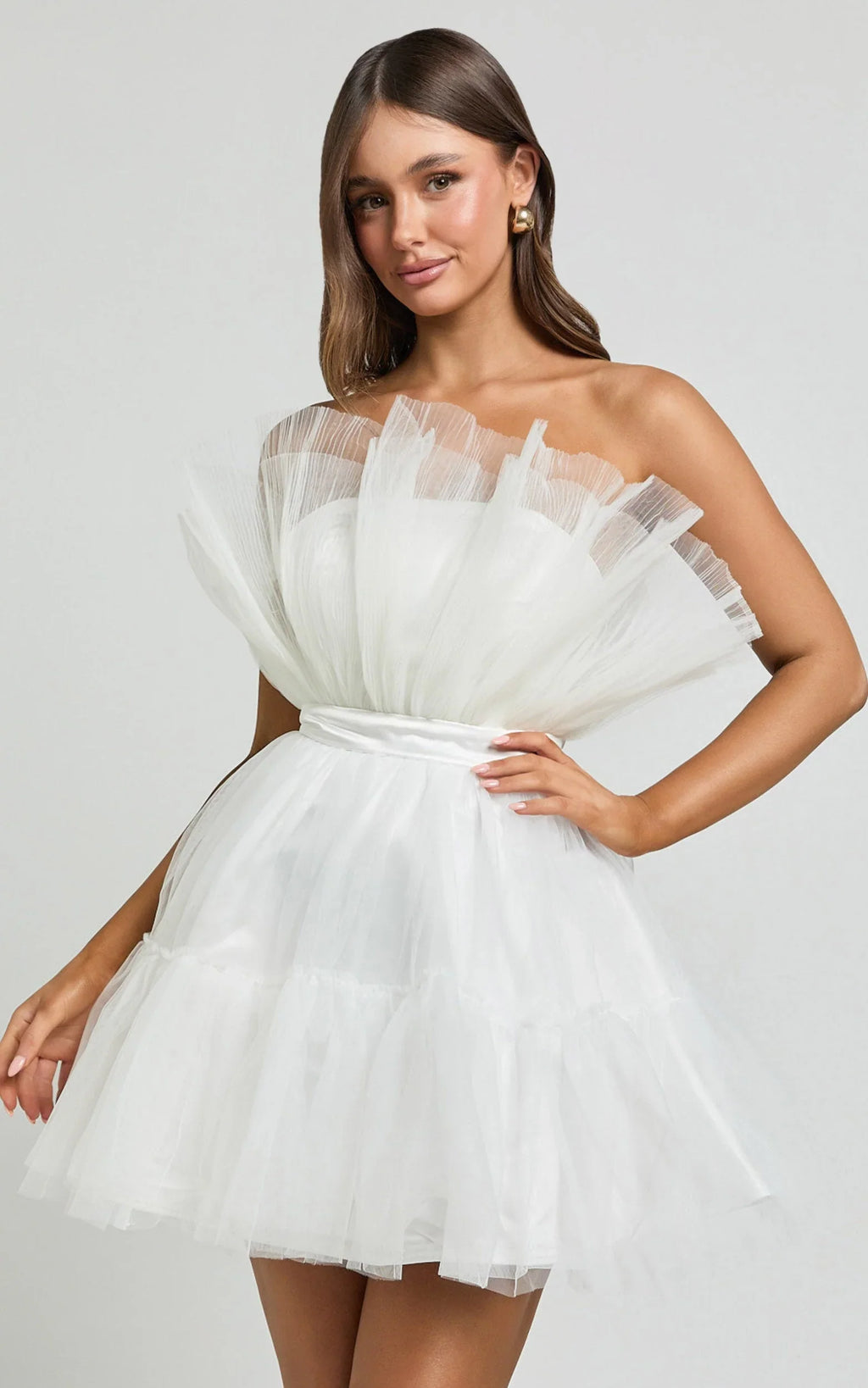 Amalya Mini Dress - Tiered Tulle Fit and Flare Dress in White