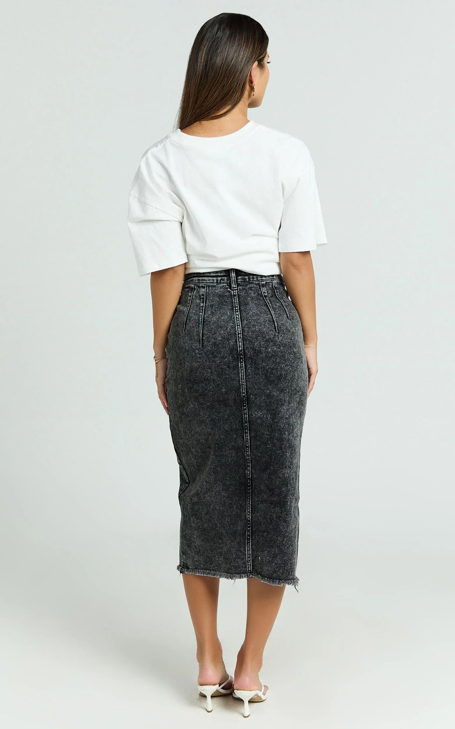 Janeve Midi Skirt - Front Split Denim Skirt in Black Acid Wash