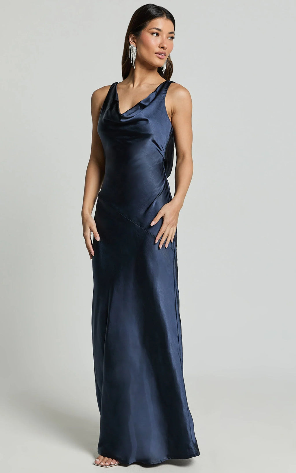 Adilah Maxi Dress - Cowl Neck Satin Dress in Navy