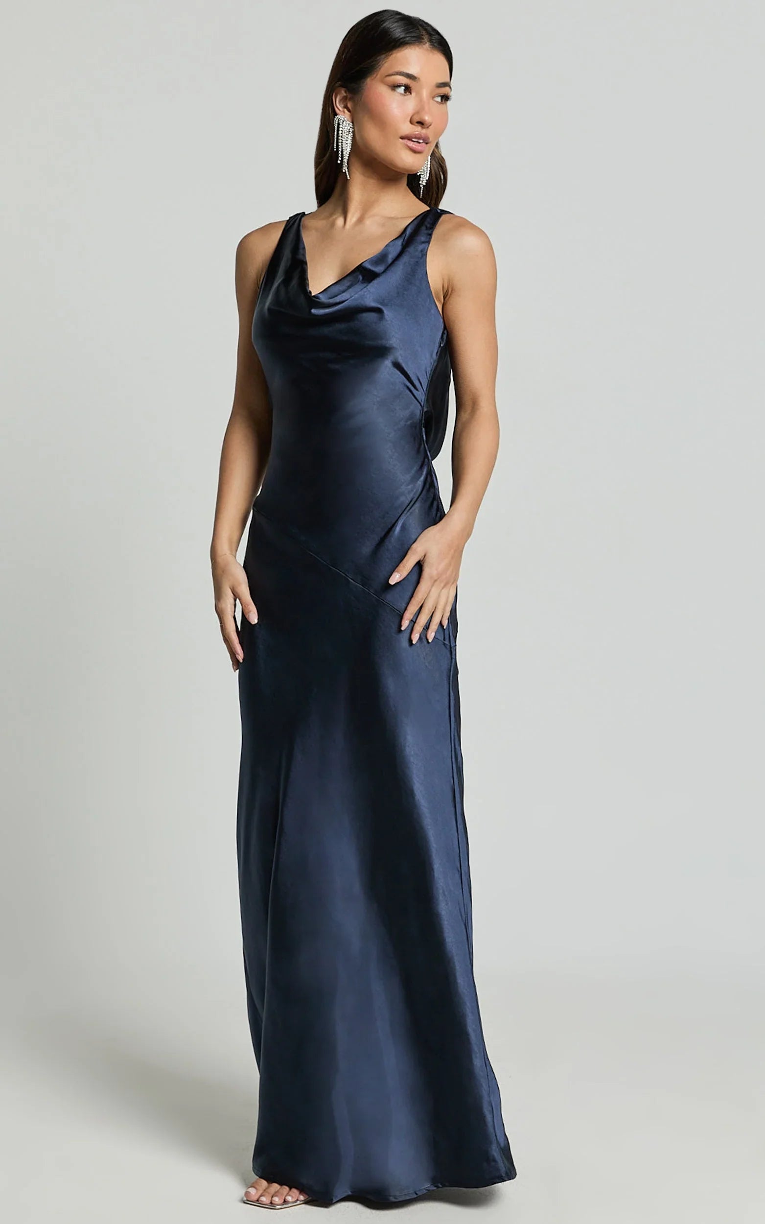 Adilah Maxi Dress - Cowl Neck Satin Dress in Navy