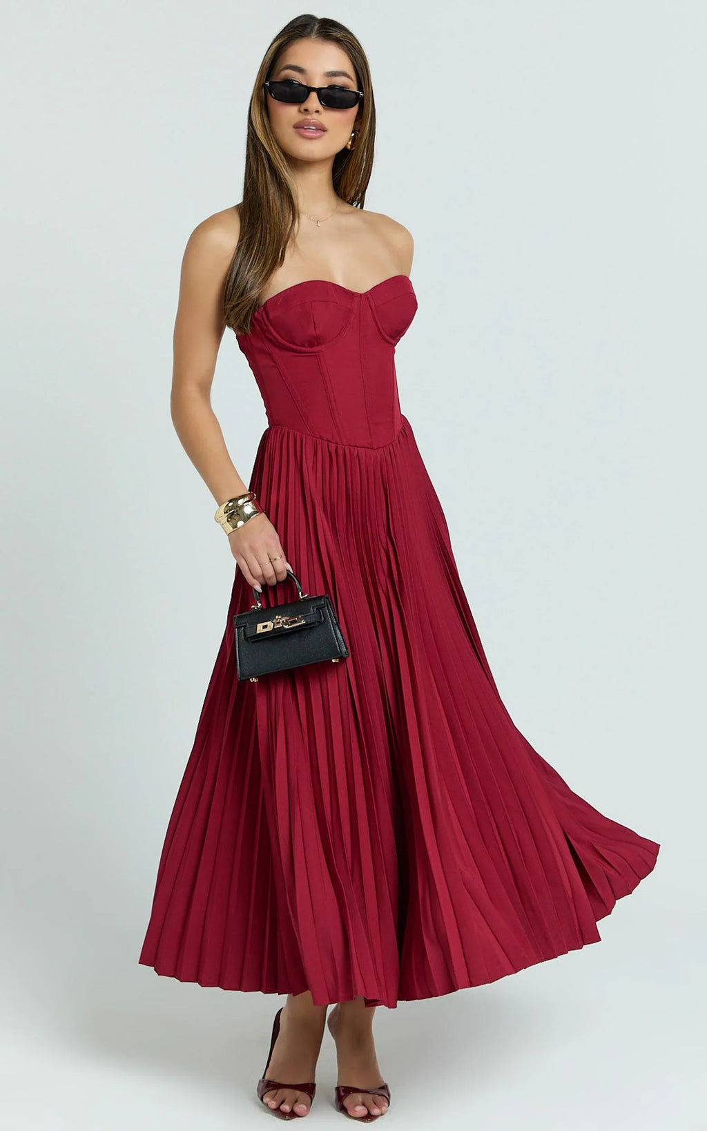 Loretta Midi Dress - Lace Up Back Bustier Pleated Dress in Wine