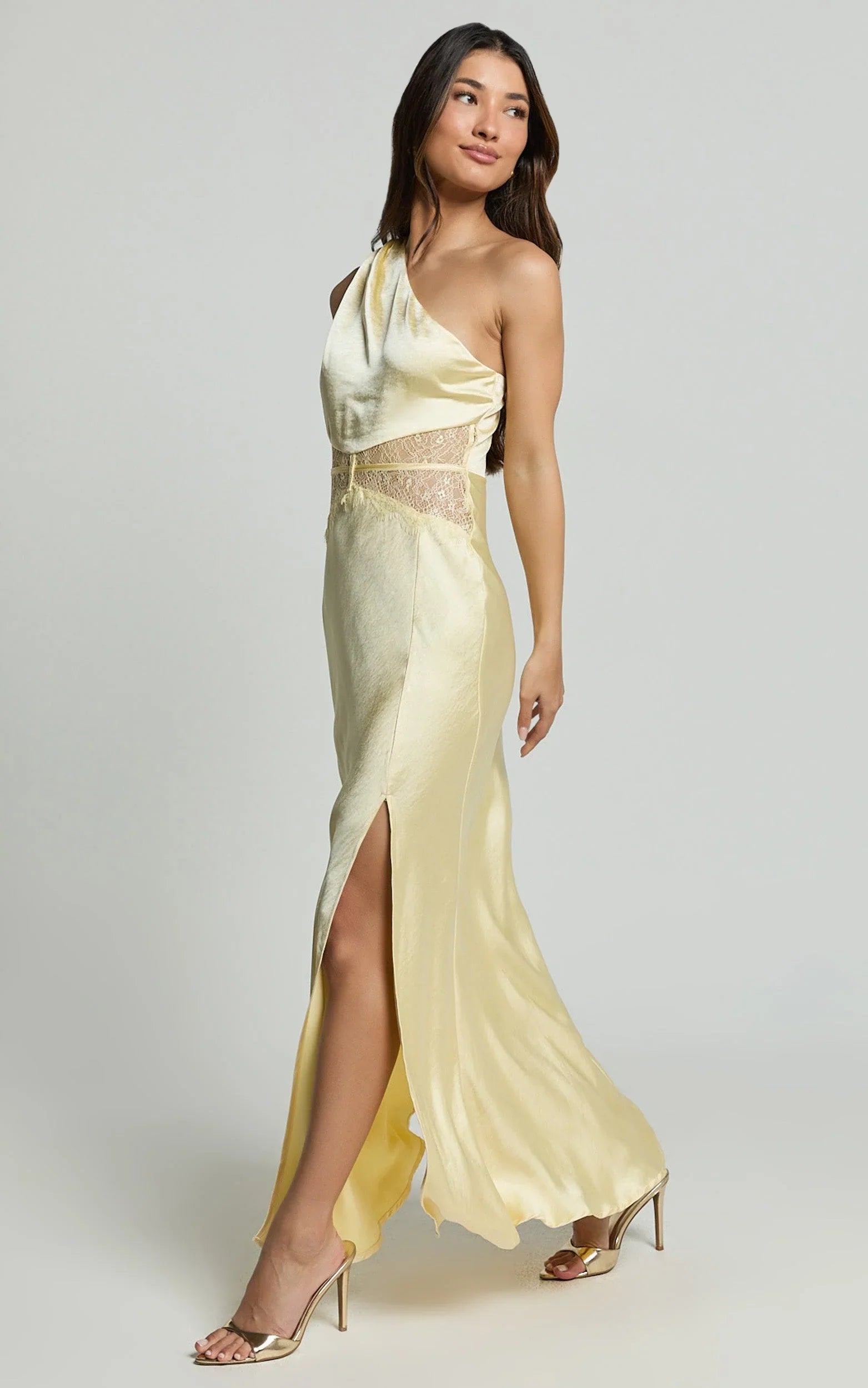 Estella Midi Dress - Asymmetrical Lace Detail Waist Slip Dress in Butter