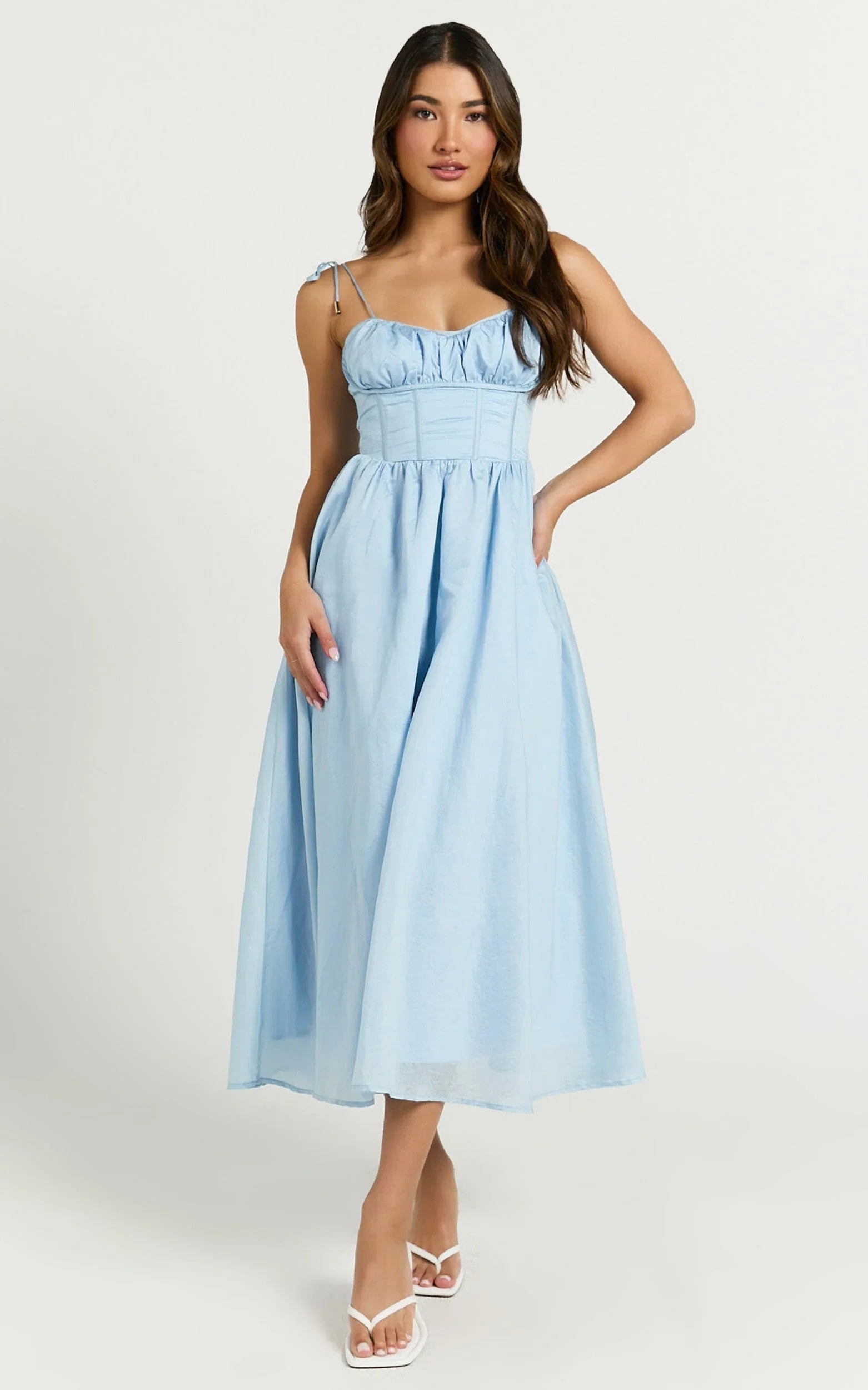 Dolores Midi Dress - Strappy Ruched Bust Corset Waist Dress in Blue
