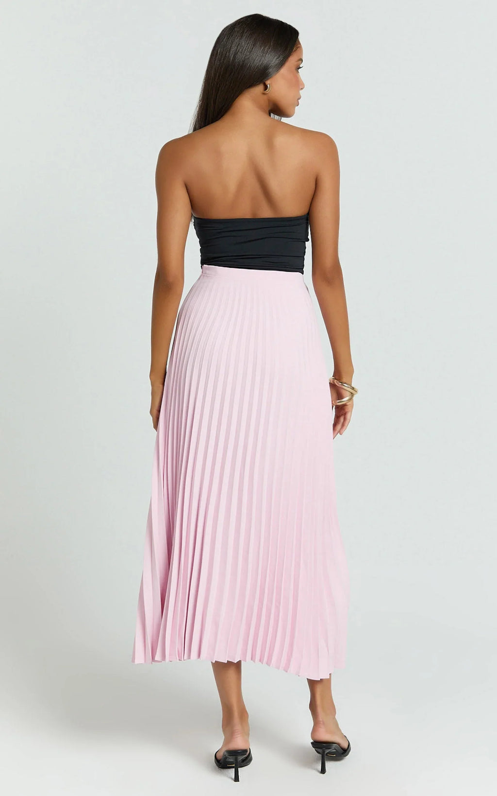 Harlee Midi Skirt - Pleated High Waist A Line Skirt in Baby Pink