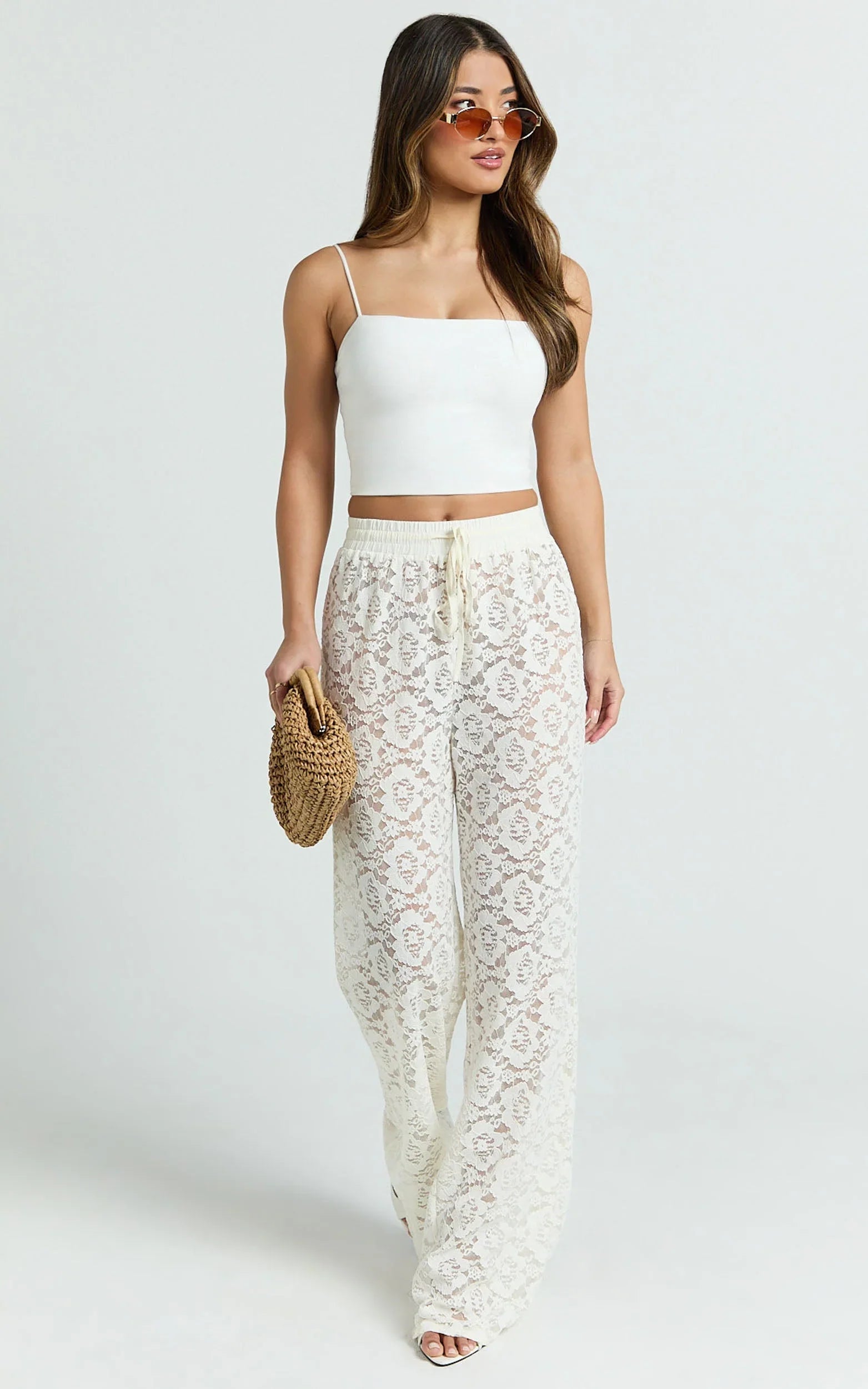Roxy Pants - High Waist Lace Relaxed Drawstring Pants in Off White