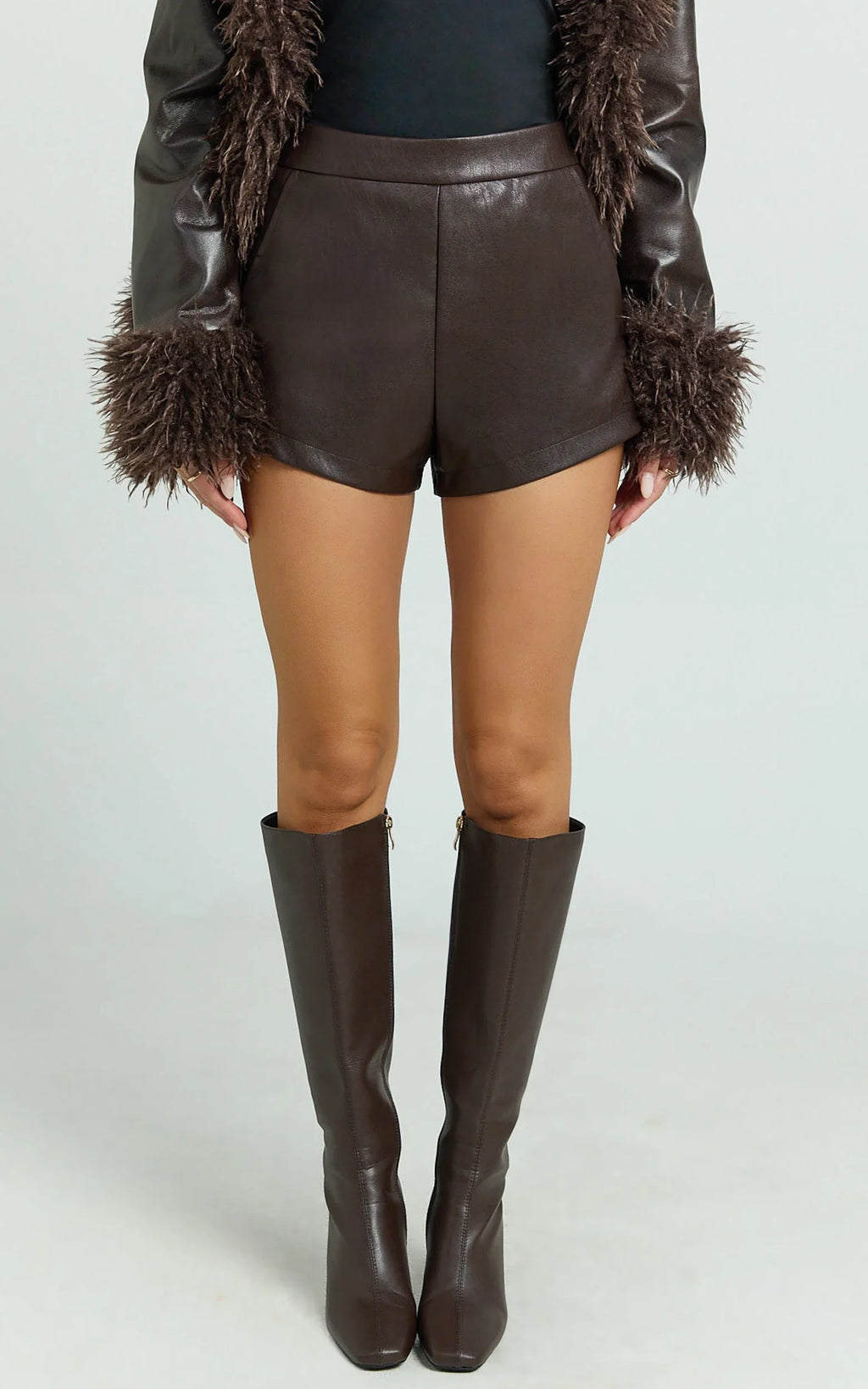 Rosetta Shorts - PU Fitted Micro Shorts in Chocolate