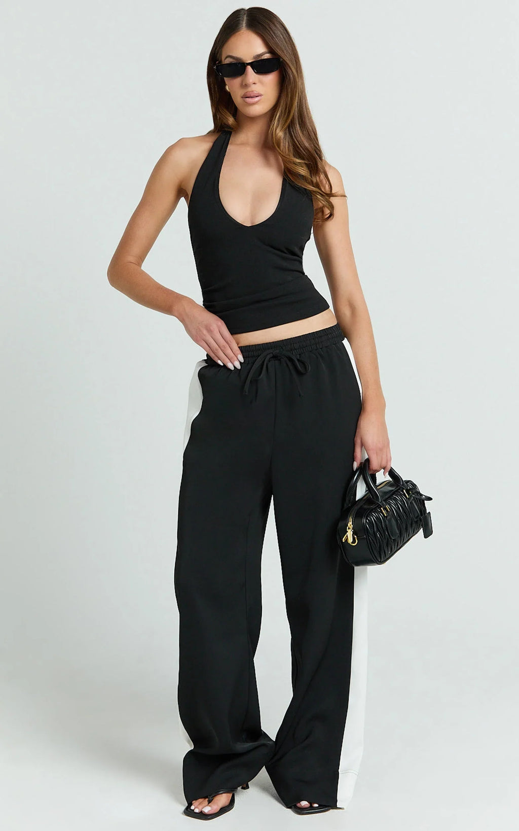 Davi Pants - Drawstring Waist Contrast Panel Tailored Pants in Black