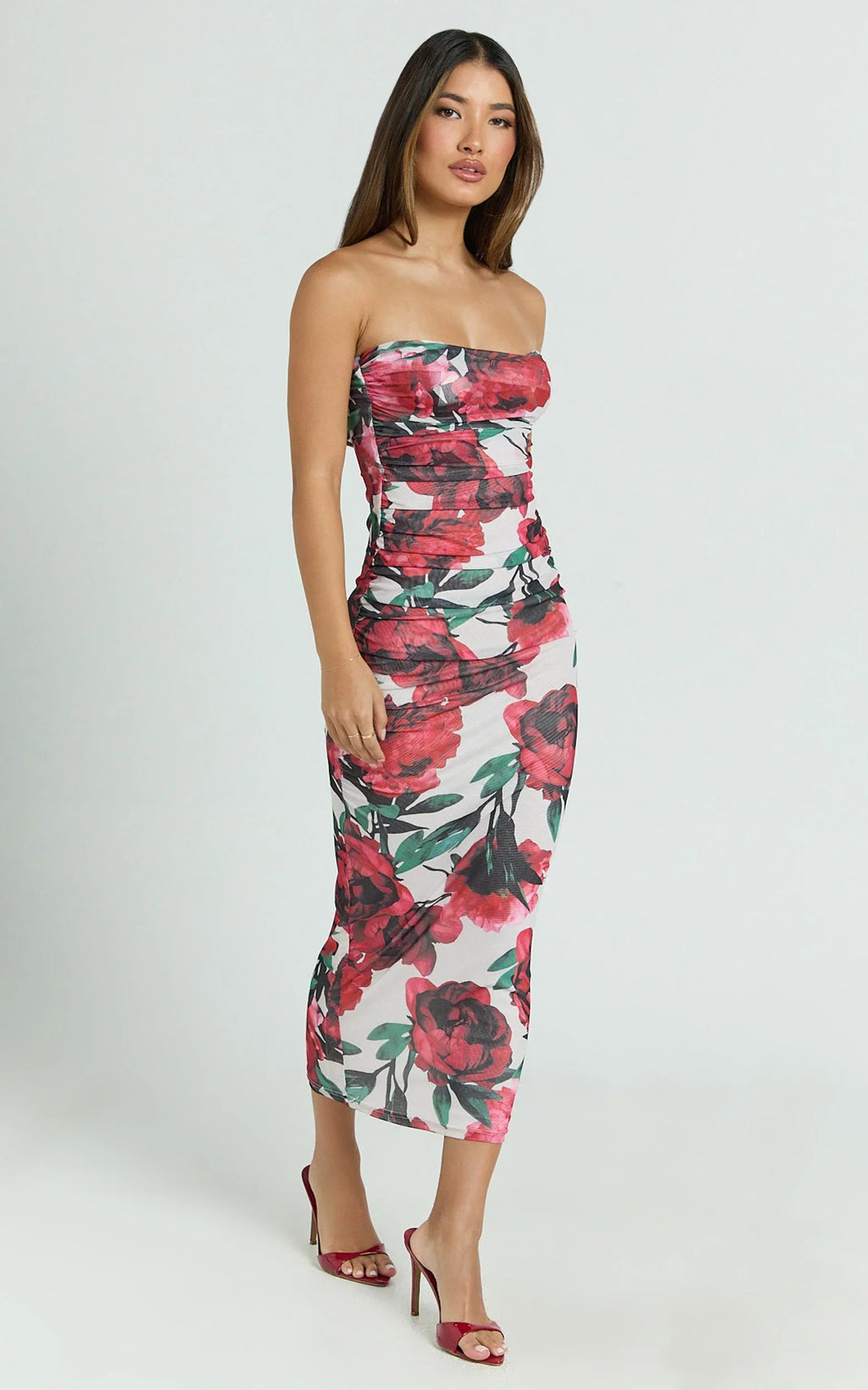 Enid Midi Dress - Sweetheart Neck Ruched Bodycon Dress in Rose Blanca