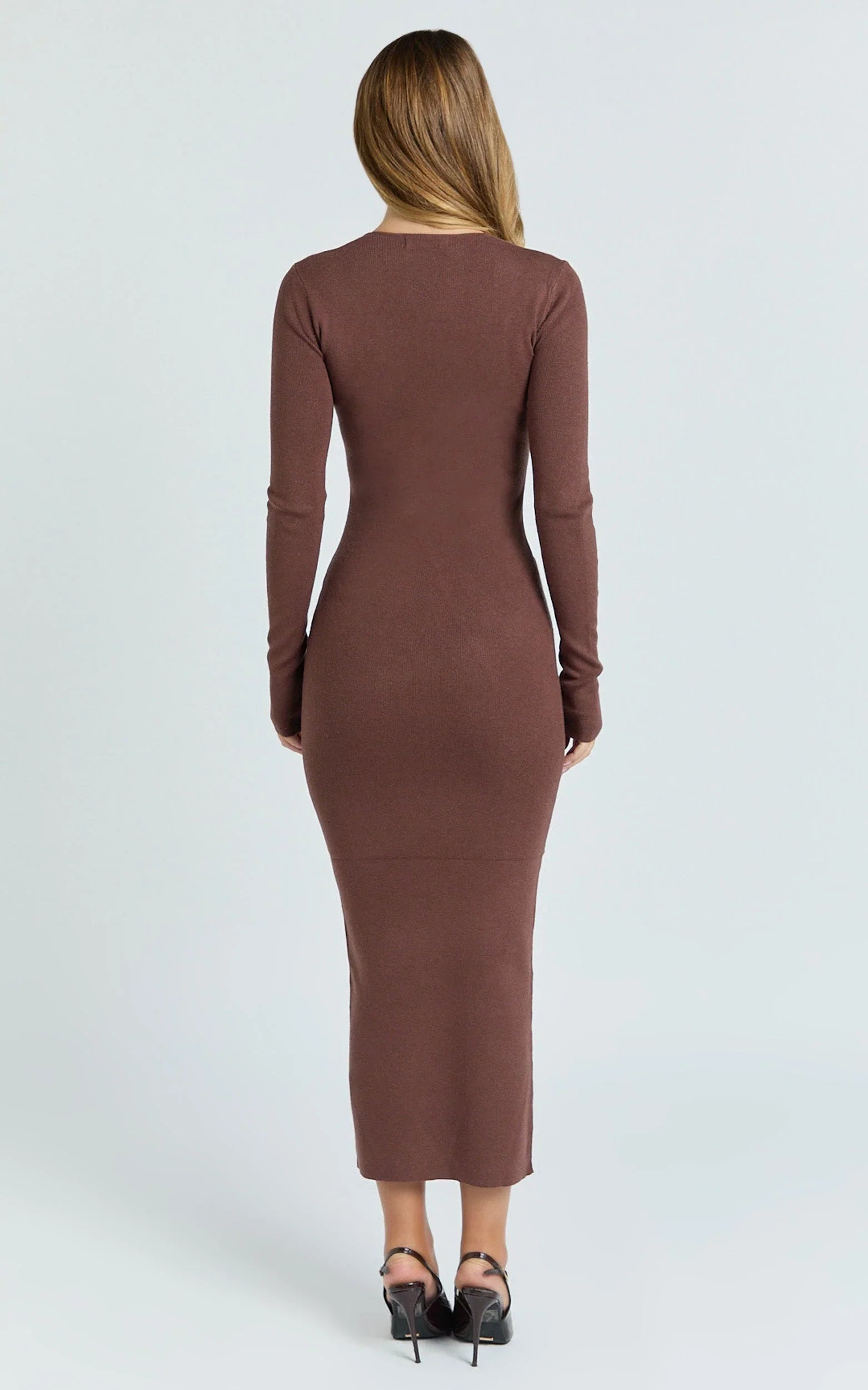 Odessa Midi Dress - U Neck Long Fitted Sleeve Sheer Waist Fitted Knit Dress in Chocolate