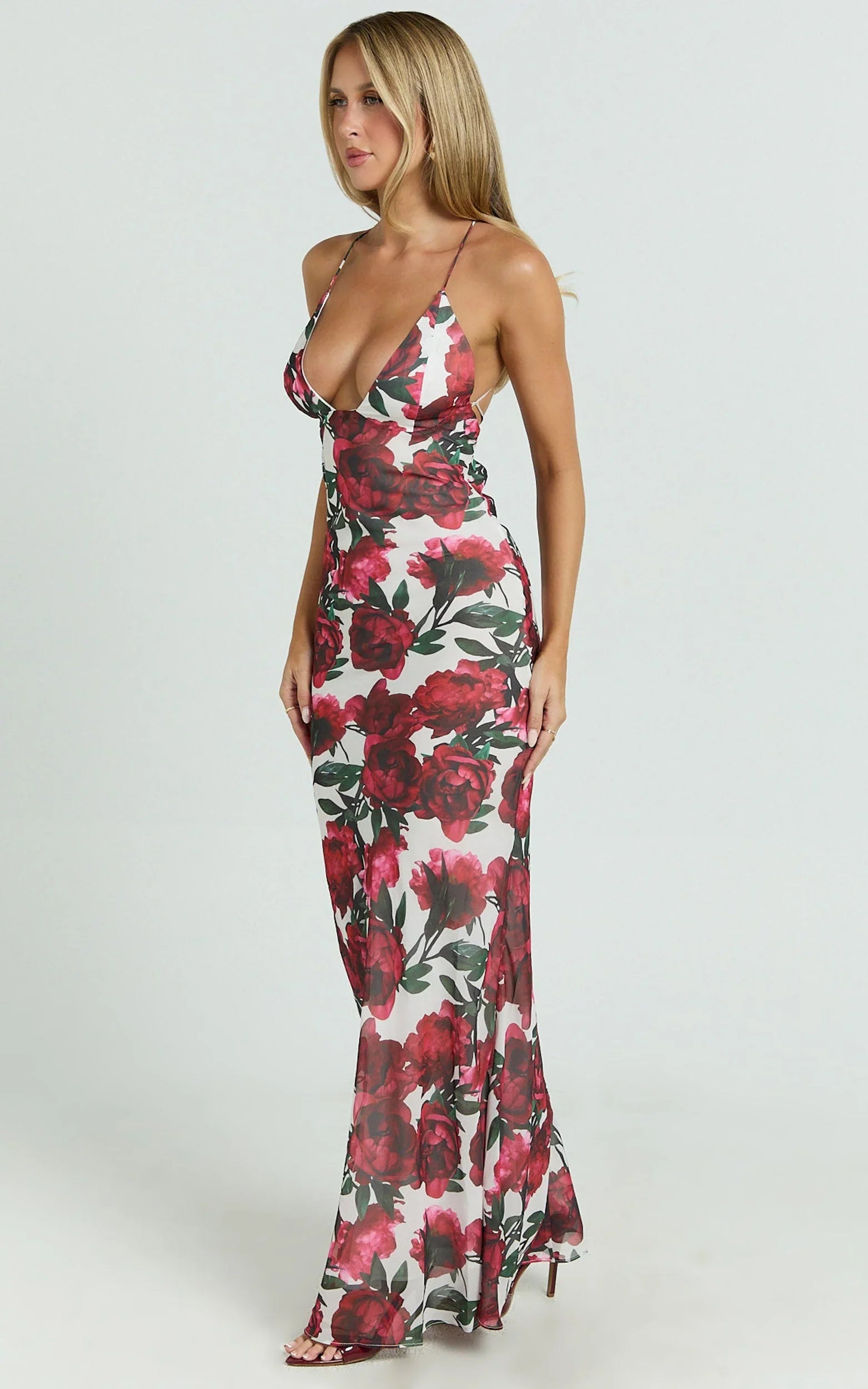Lenny Maxi Dress - Bias Slip Lace Up Back Dress in Rose Blanca Floral