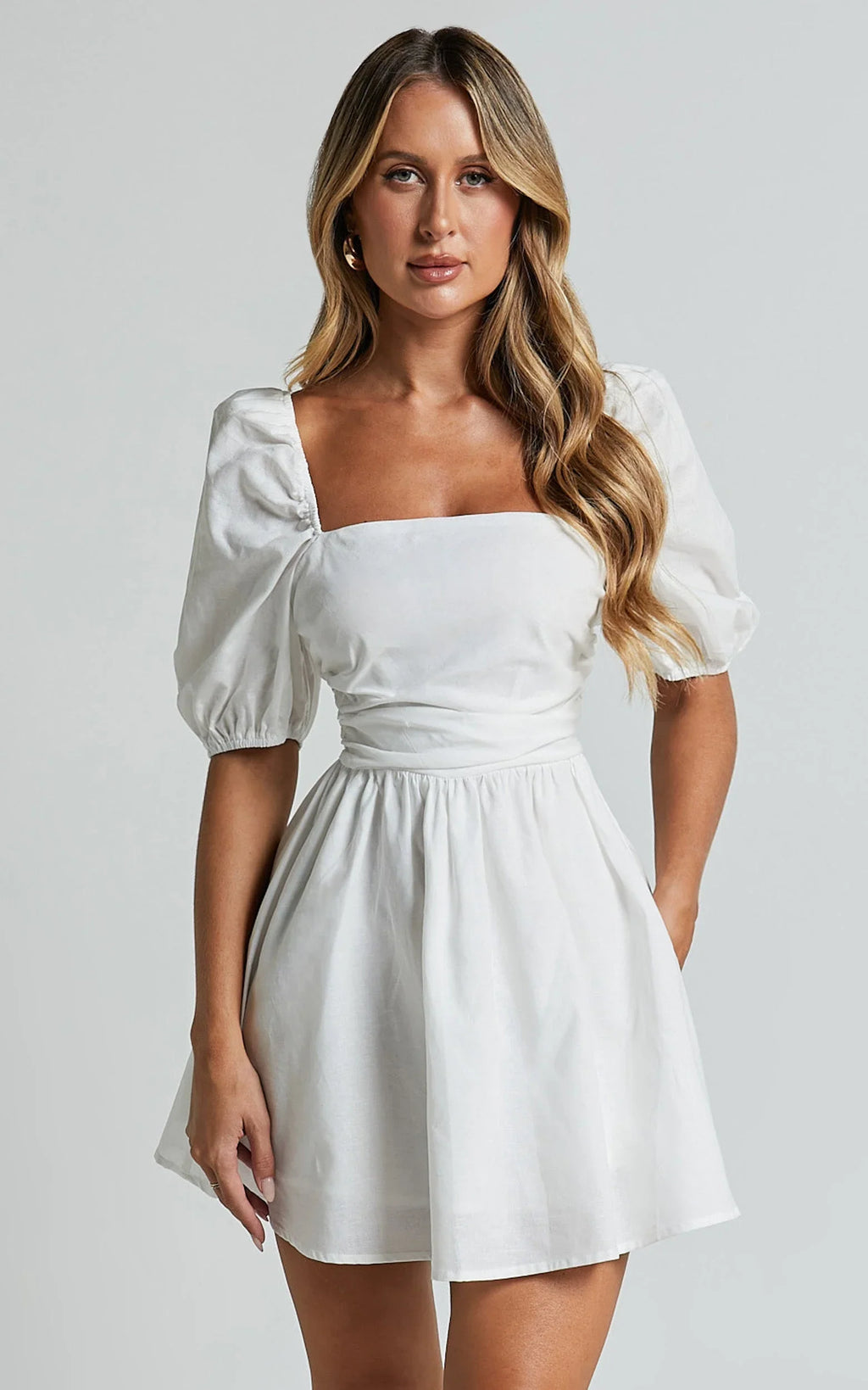 Claudina Mini Dress - Linen Look Puff Sleeve Ruched Bodice Dress in White