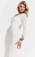Freya Midi Dress - Scoop Neck Long Sleeve Boucle Knit Dress in Off White