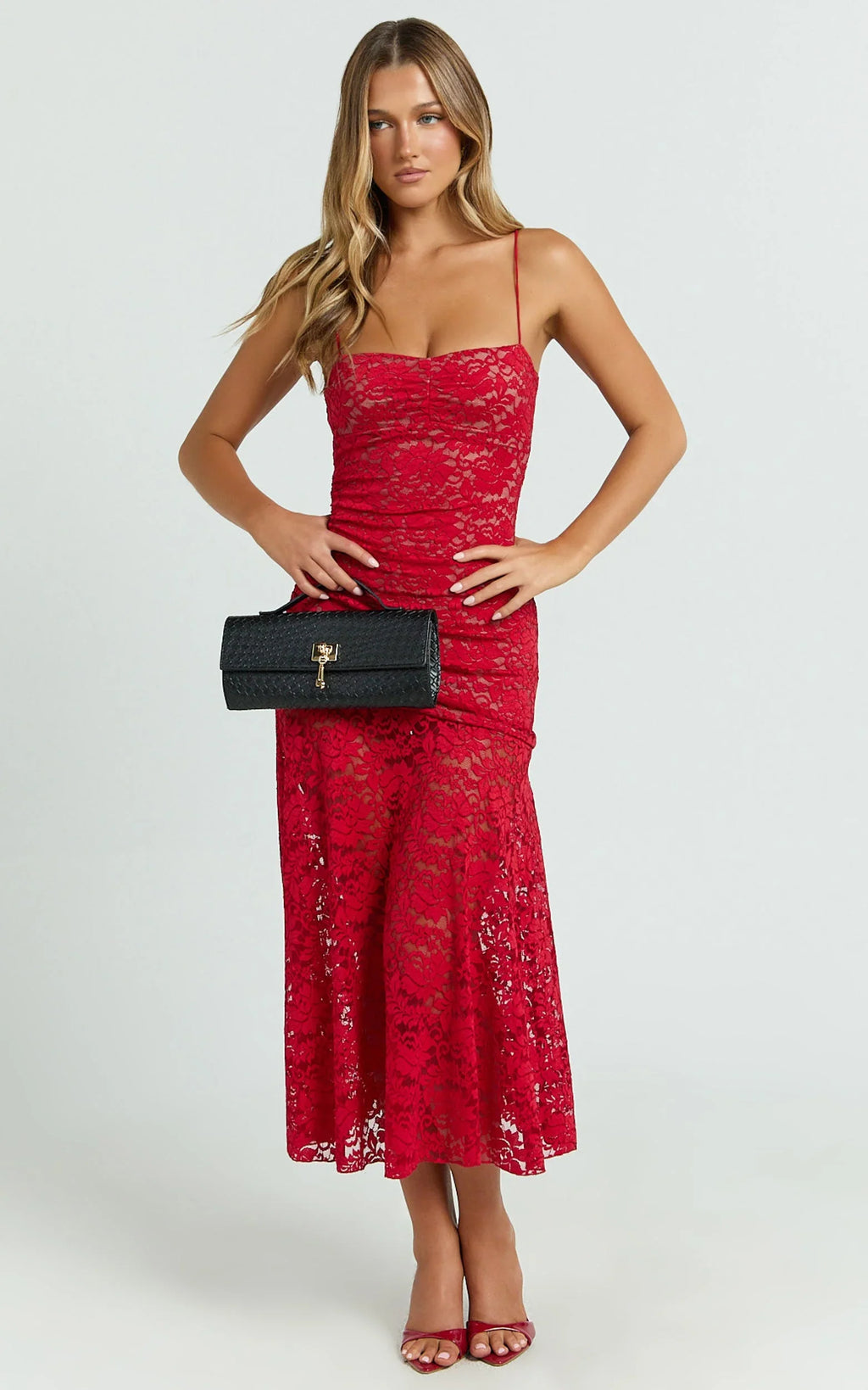 James Midi Dress - Ruched Stretch Lace Dress in Red