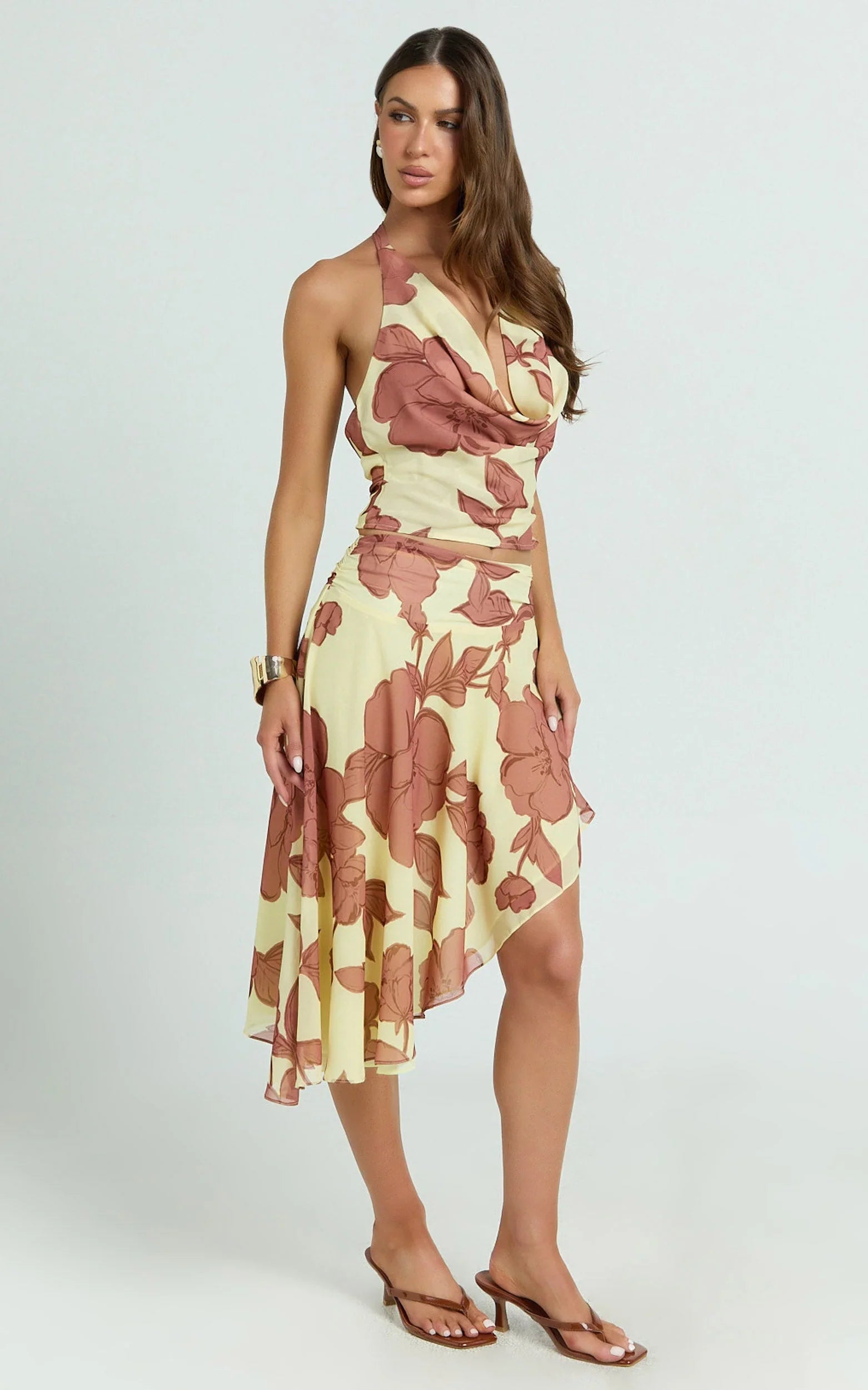 Malik Midi Skirt - Georgette Ruched Waist Asymmetric Skirt in Lemon Bouquet Di Fiori Print