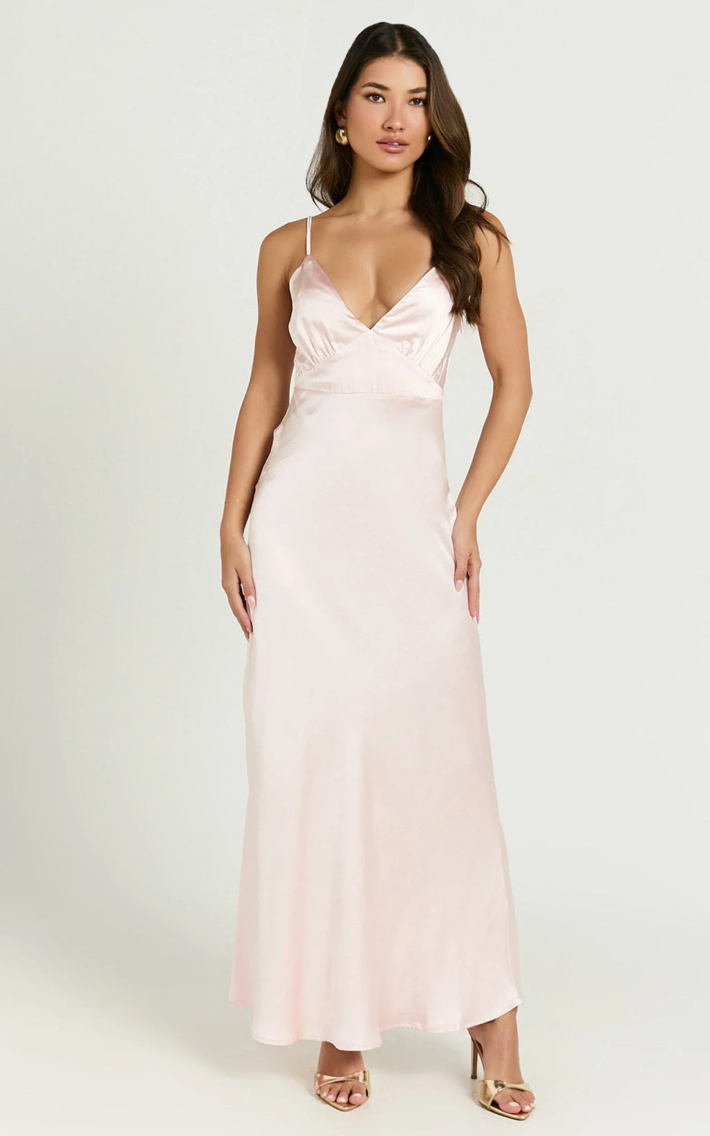 Lorenzia Maxi Dress - Plunge Corset Underbust Detail Satin Dress in Light Pink