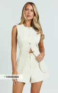 Rhianna Top - Button Down Longline Recycled Denim Vest Top in Ecru