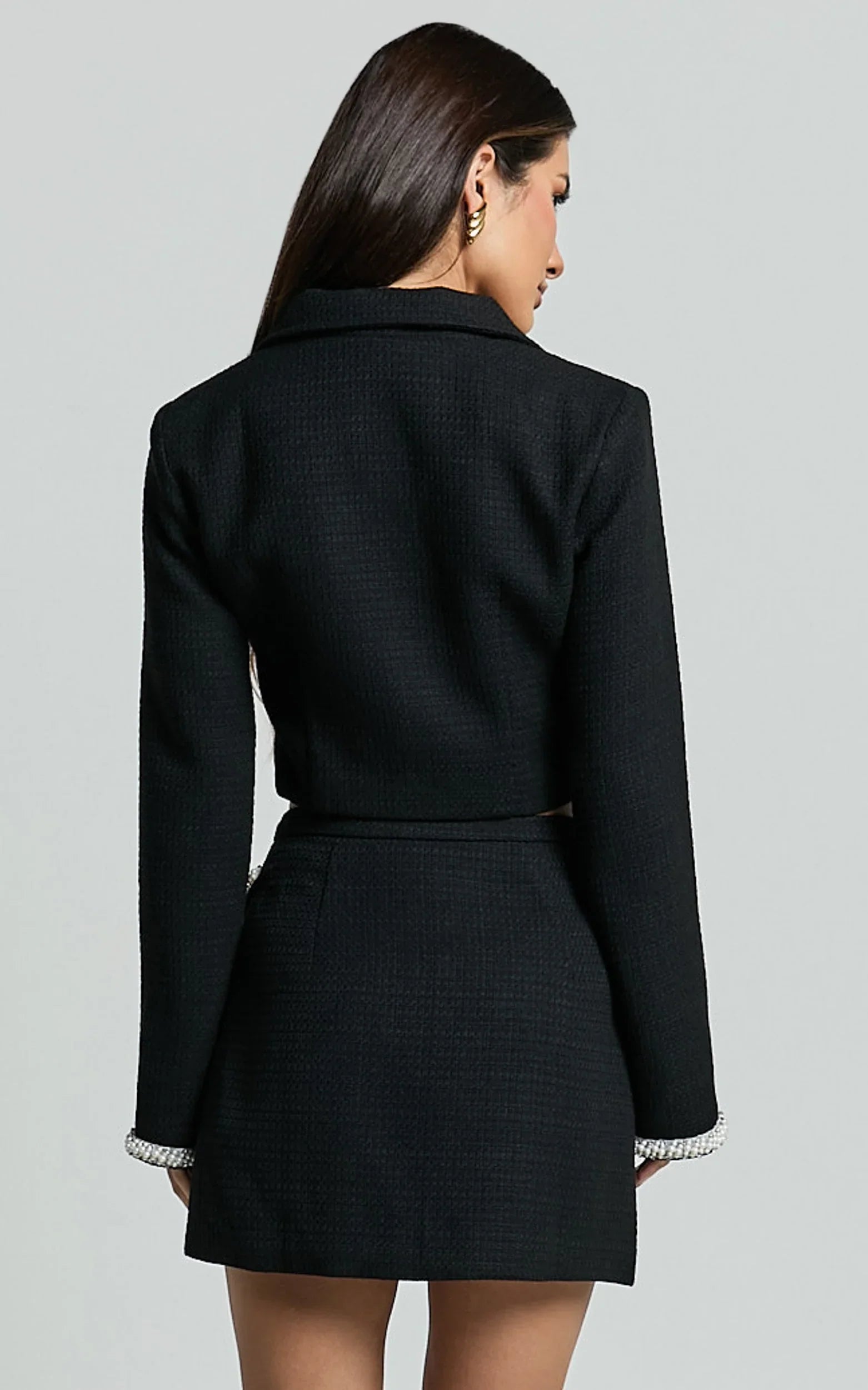 Donatella Mini Skirt - Boucle Pearl Trim Side Split Mini Skirt in Black