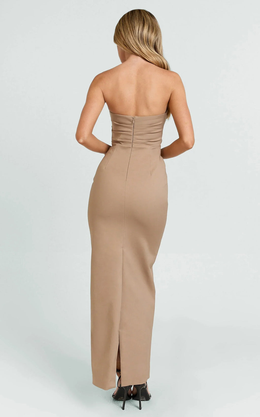Jamie Midi Dress - Strapless Ruched Fitted Column Dress in Mocha
