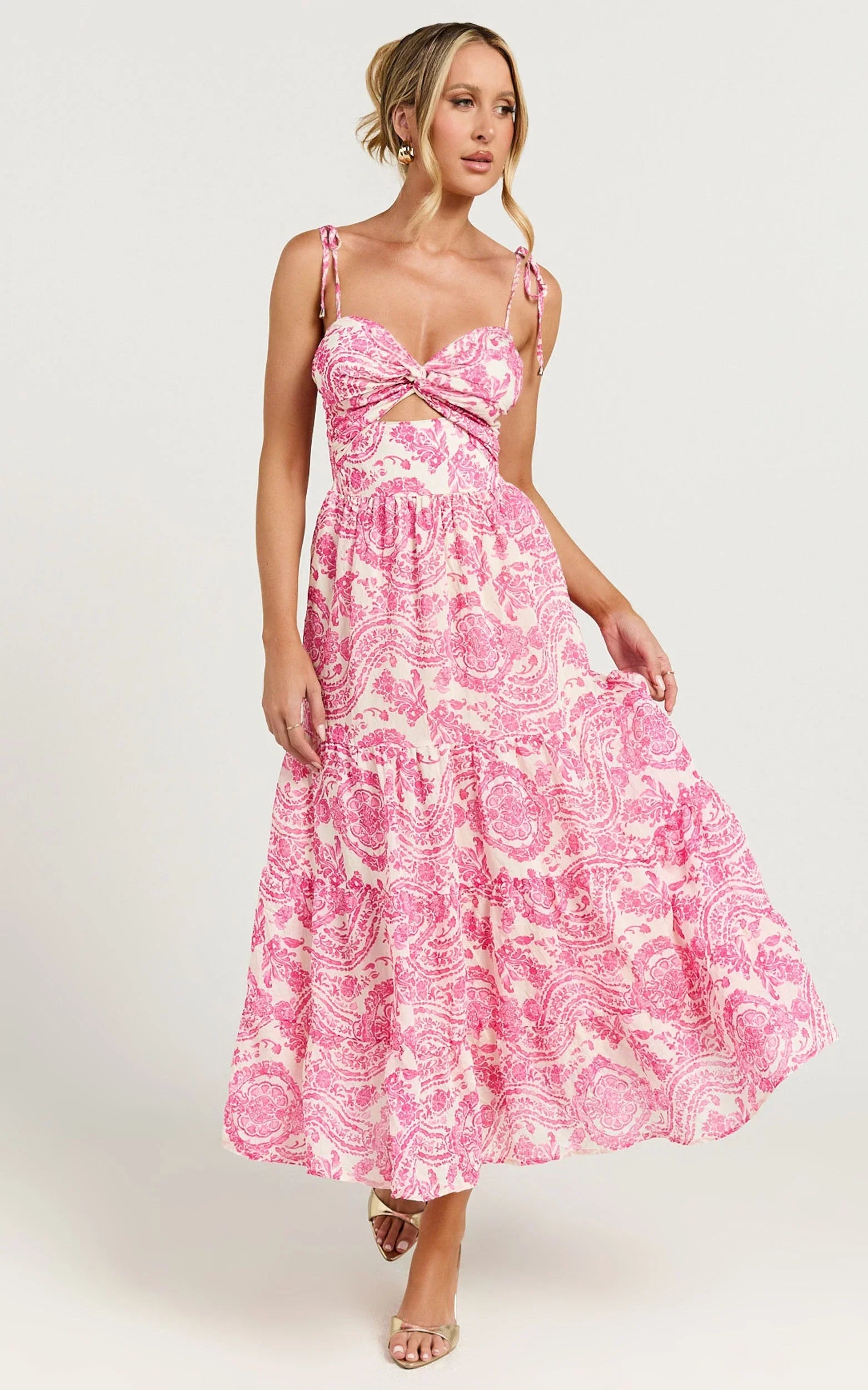 Esmeralda Midi Dress - Strappy Cut Out Tiered Dress in Pink Floral