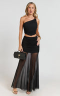 Bindi Maxi Skirt - Asymmetric Contrast Jersey Leg Split Skirt in Black