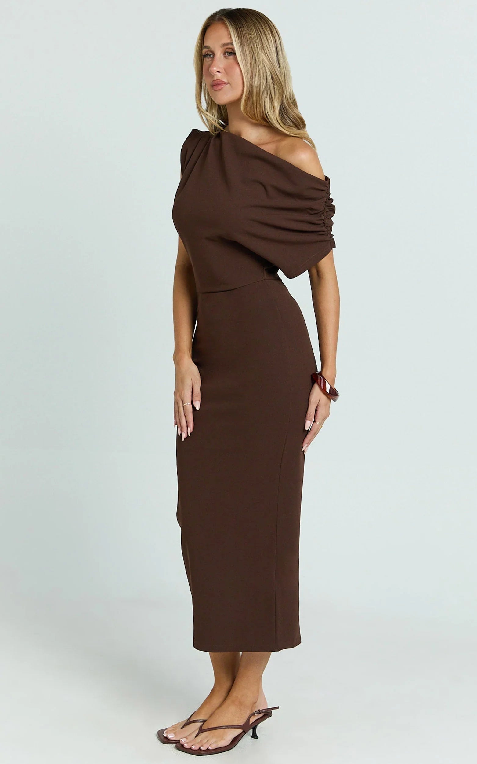 Nalfie Midi Dress - Tipped Shoulder Jersey Drape Dress in Chocolate