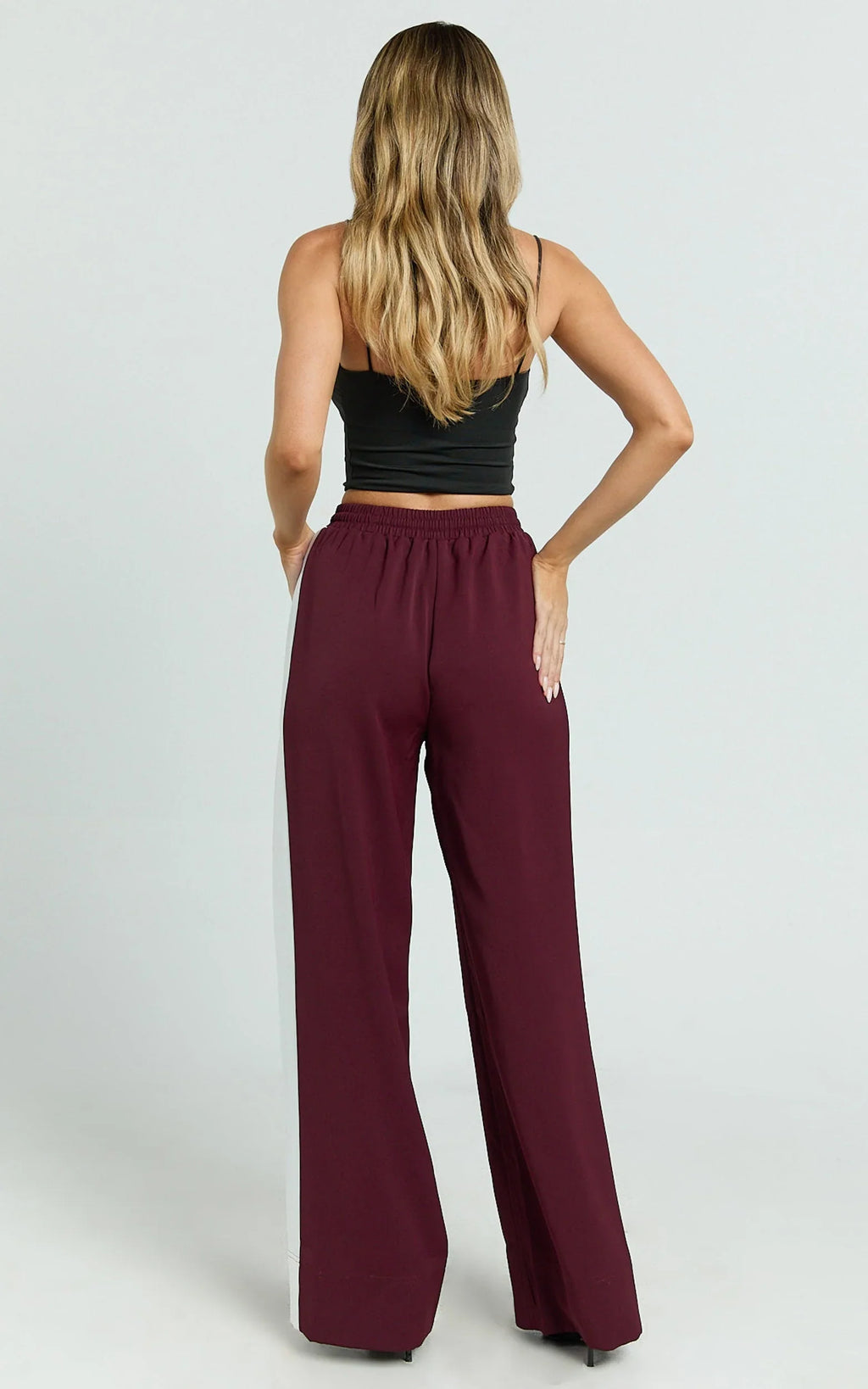 Davi Pants - Drawstring Waist Contrast Panel Tailored Pants in Burgundy